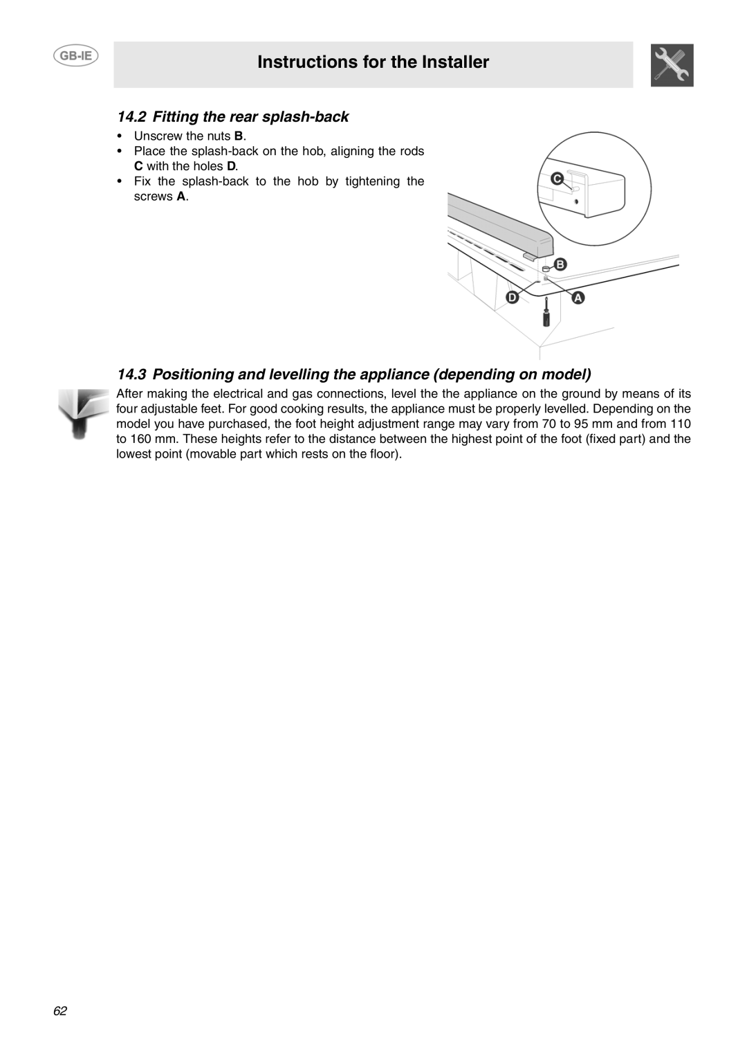 Smeg SCB66MPX5 manual Fitting the rear splash-back, Positioning and levelling the appliance depending on model 