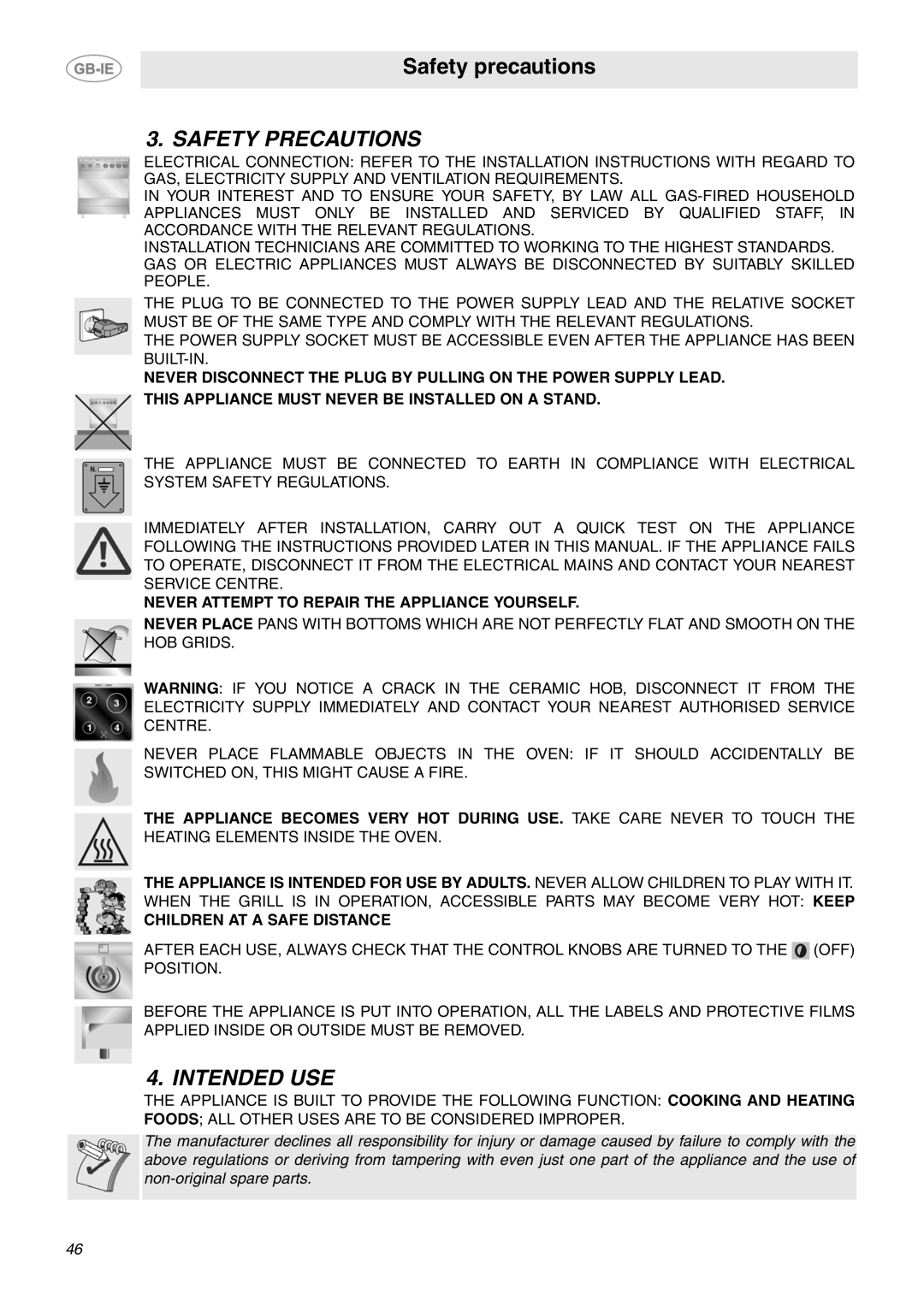 Smeg SCB66MPX5 manual Safety Precautions, Intended USE, Never Attempt to Repair the Appliance Yourself 