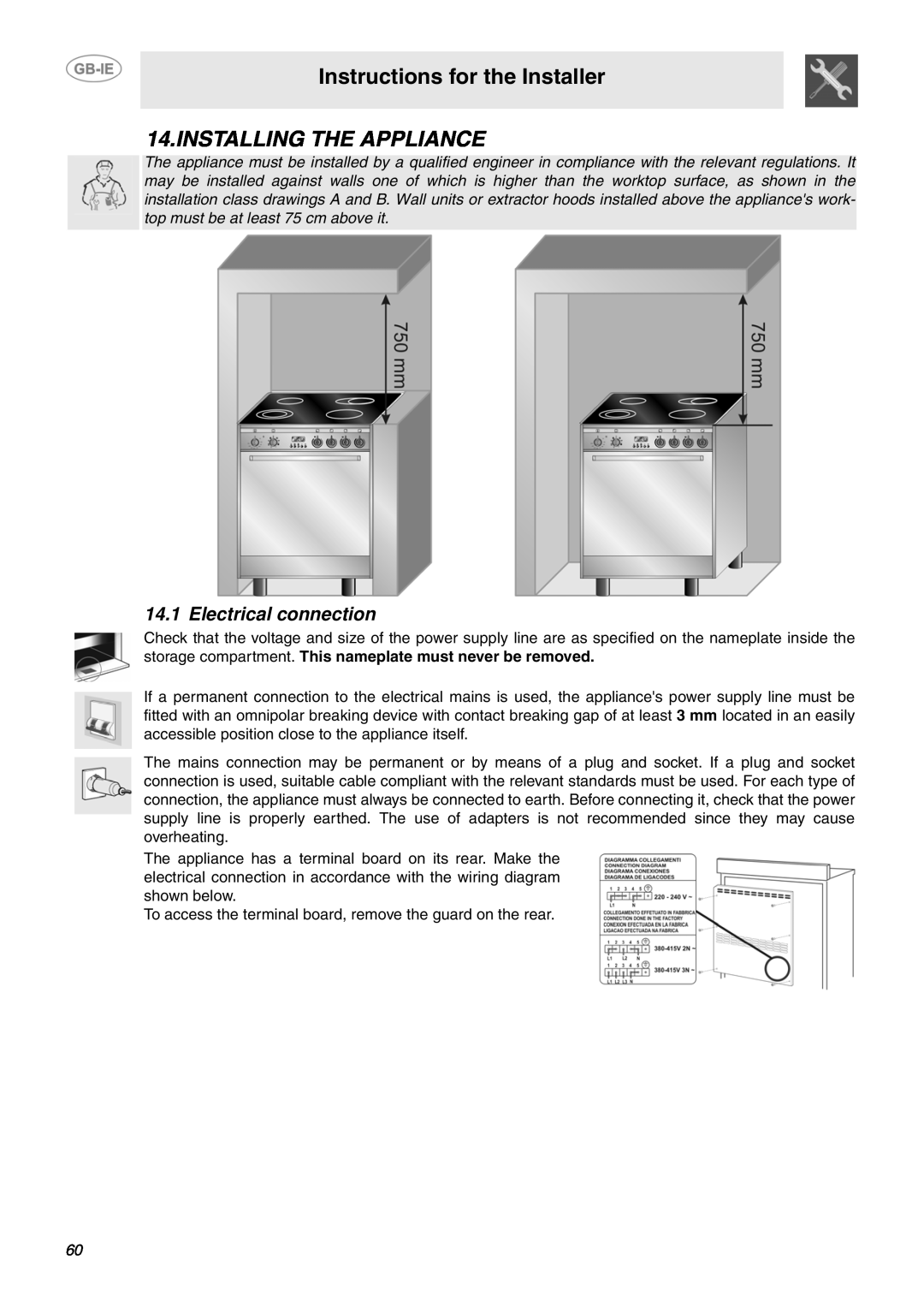 Smeg SCB66MPX5 manual Instructions for the Installer, Installing The Appliance, Electrical connection 