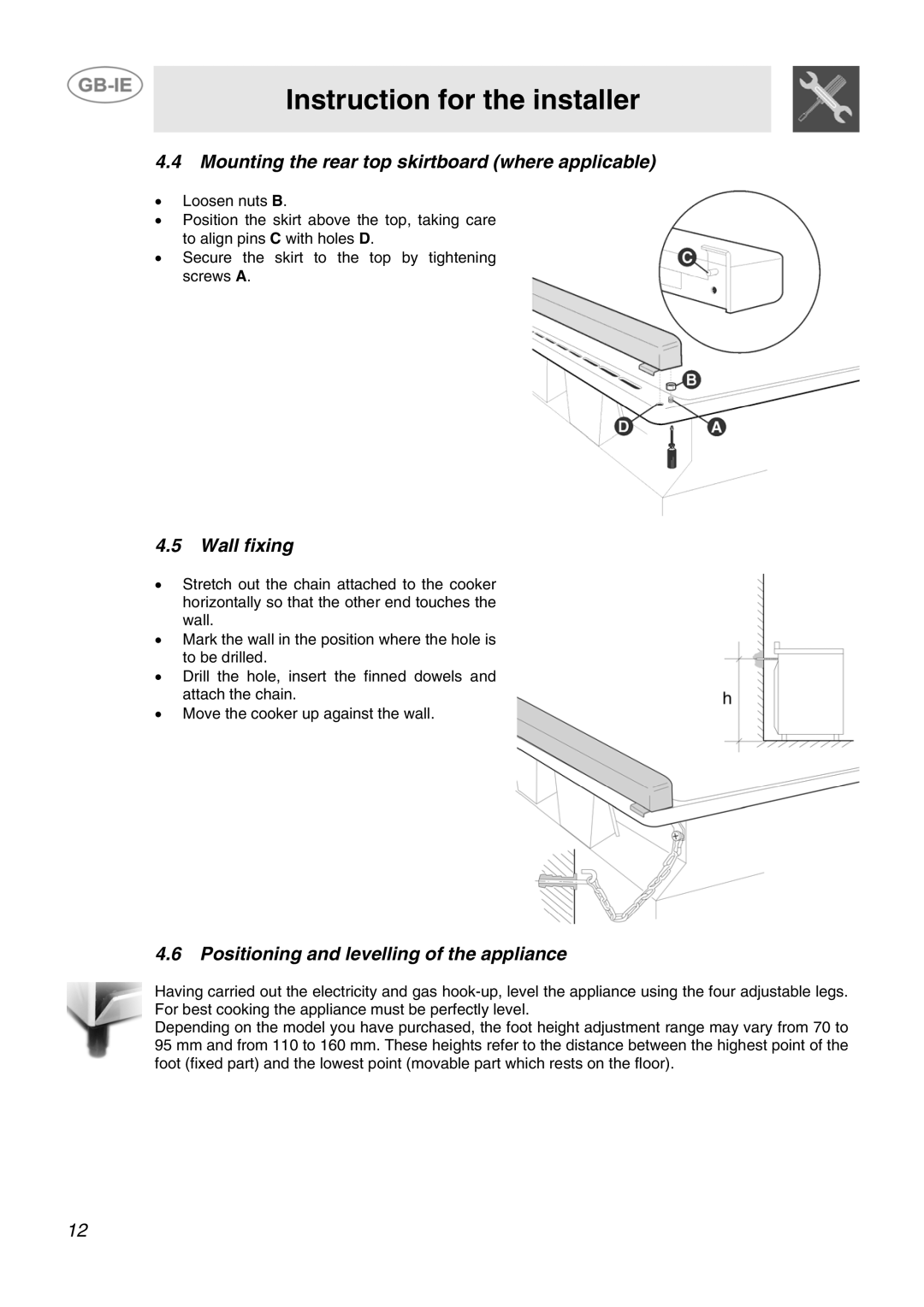 Smeg SCB80MFX5 Mounting the rear top skirtboard where applicable, Wall fixing, Positioning and levelling of the appliance 