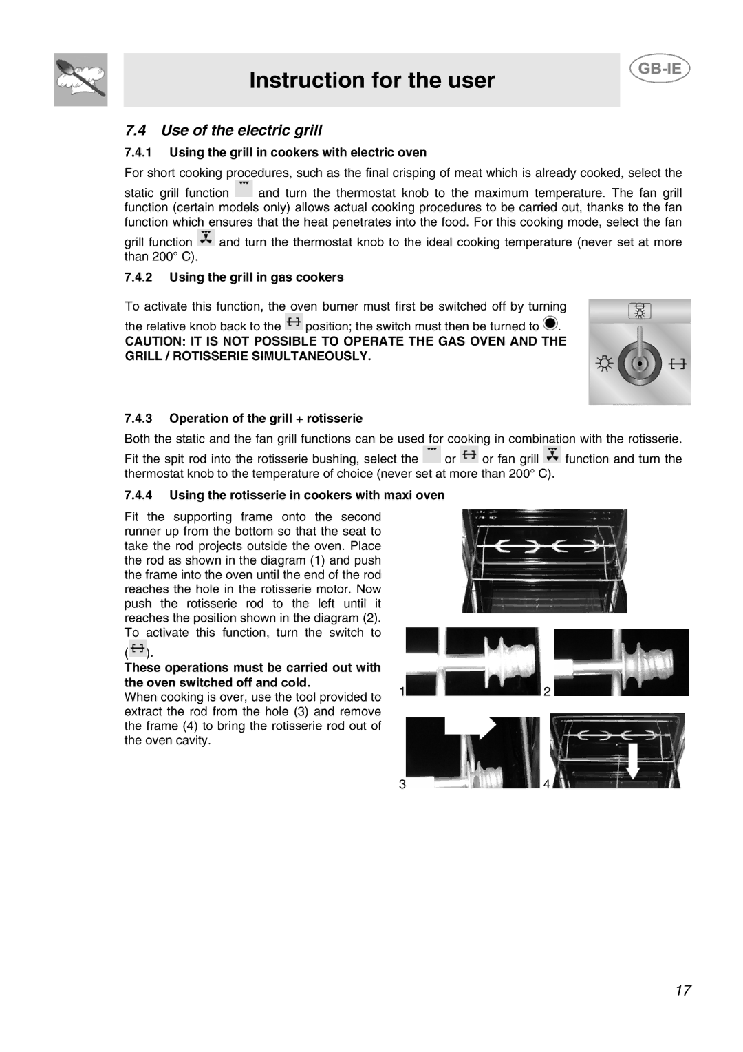 Smeg SCB80GX Use of the electric grill, Using the grill in cookers with electric oven, Using the grill in gas cookers 