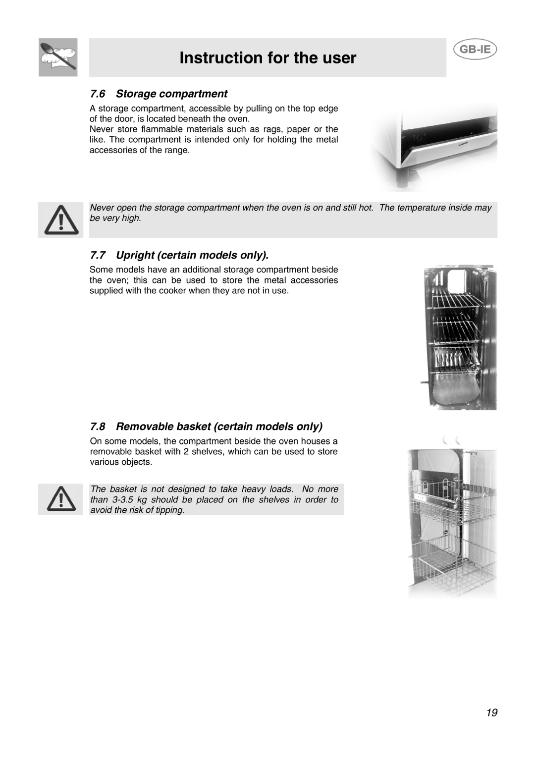 Smeg SCB80GX, SCB80MFX5 manual Storage compartment, Upright certain models only, Removable basket certain models only 