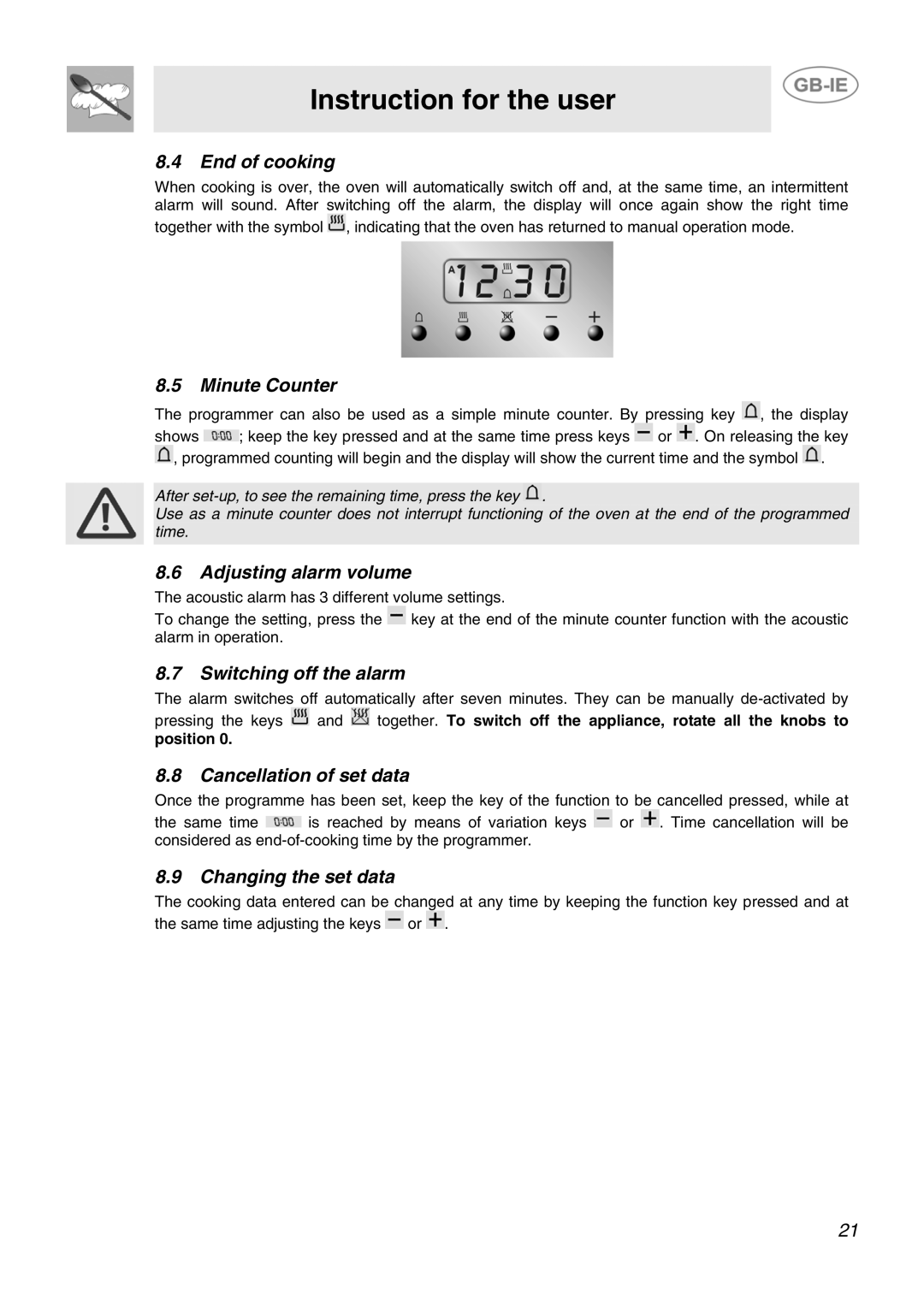 Smeg SCB80GX End of cooking, Minute Counter, Adjusting alarm volume, Switching off the alarm, Cancellation of set data 