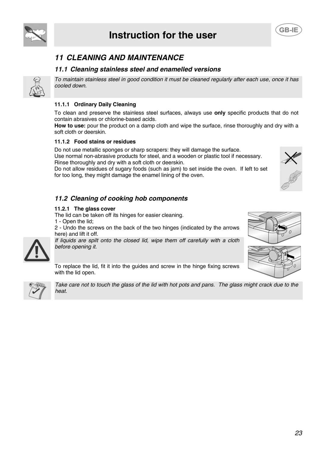 Smeg SCB80GX Cleaning and Maintenance, Cleaning stainless steel and enamelled versions, Cleaning of cooking hob components 