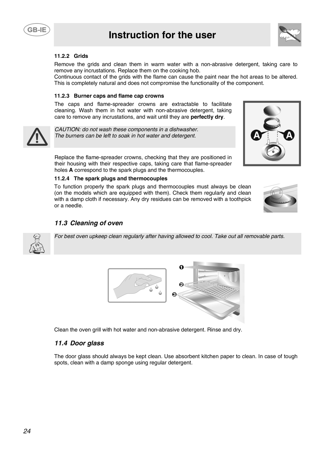 Smeg SCB80MFX5 manual Cleaning of oven, Door glass, Grids, Burner caps and flame cap crowns, Spark plugs and thermocouples 