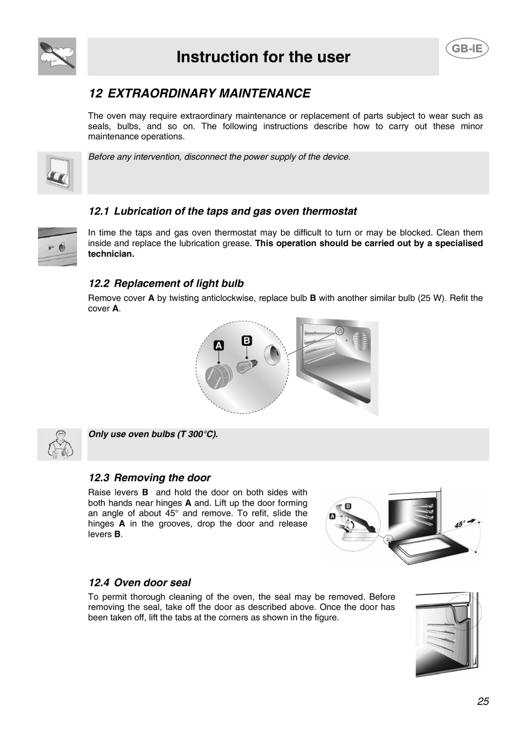 Smeg SCB80GX manual Extraordinary Maintenance, Lubrication of the taps and gas oven thermostat, Replacement of light bulb 