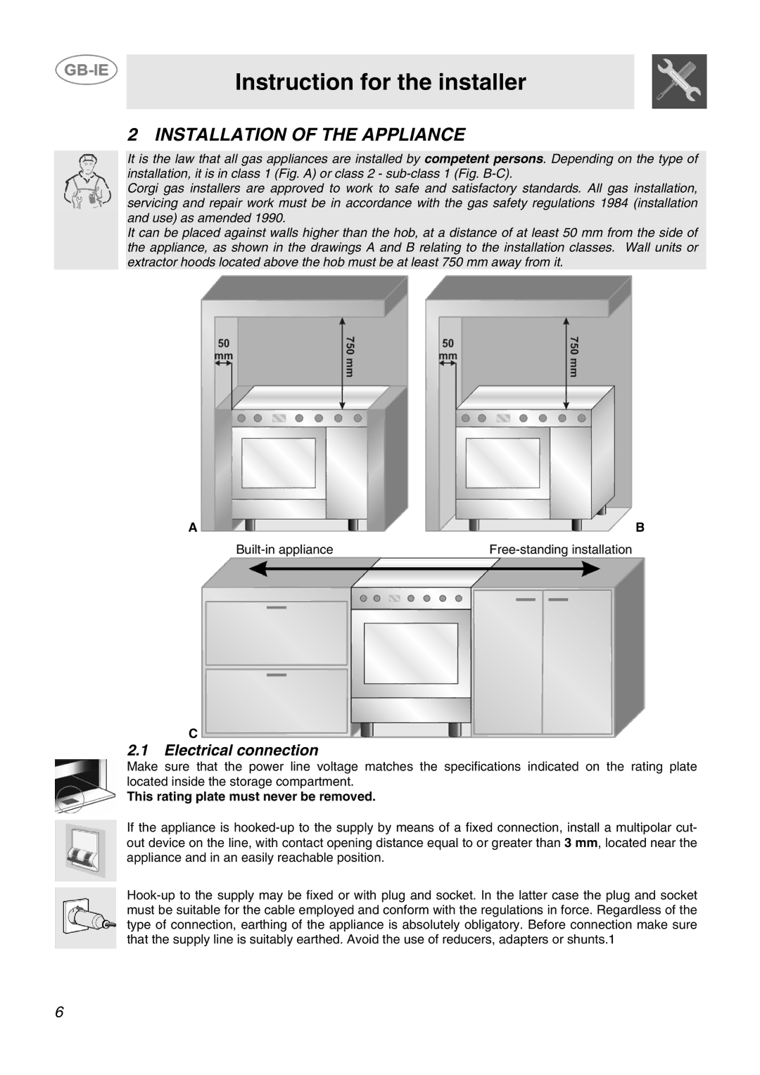 Smeg SCB80MFX5, SCB80GX manual Instruction for the installer, Installation of the Appliance, Electrical connection 