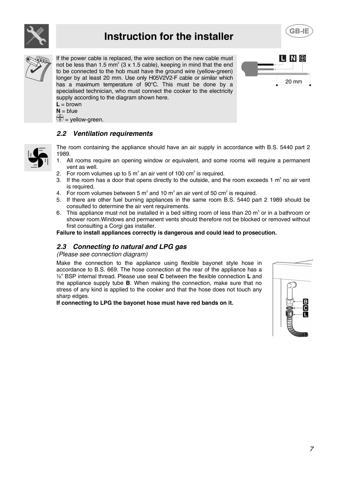 Smeg SCB80GX, SCB80MFX5 manual Ventilation requirements, Connecting to natural and LPG gas 