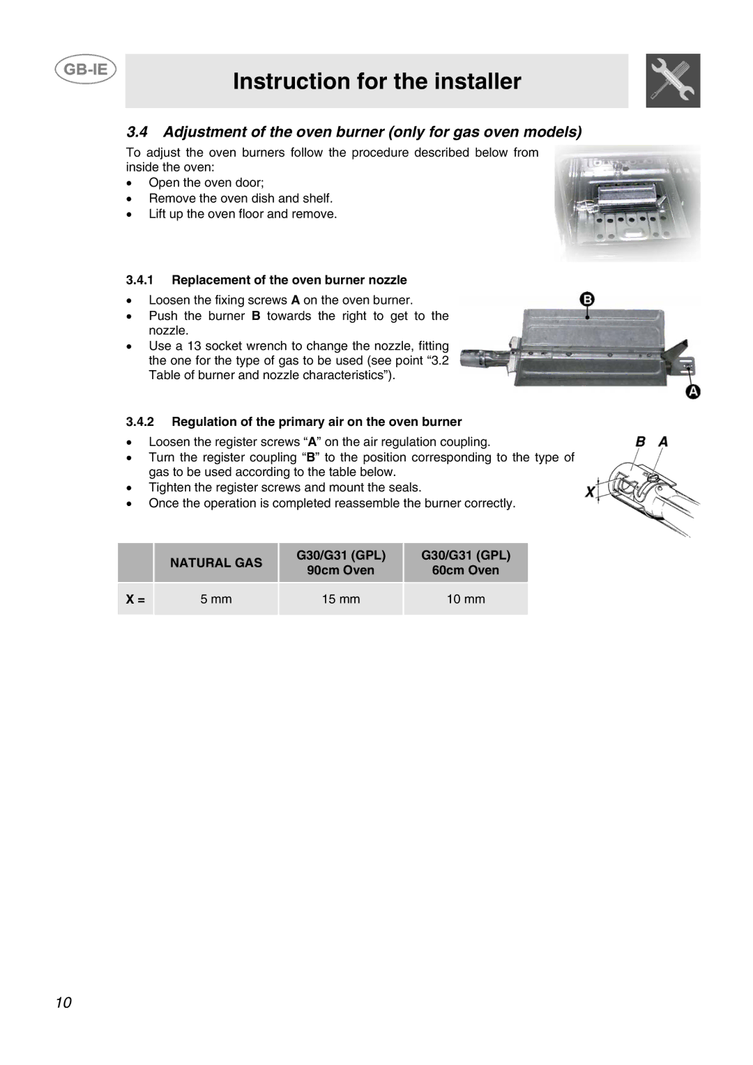 Smeg SCB80MFX5, SCB80GX manual Adjustment of the oven burner only for gas oven models, Replacement of the oven burner nozzle 