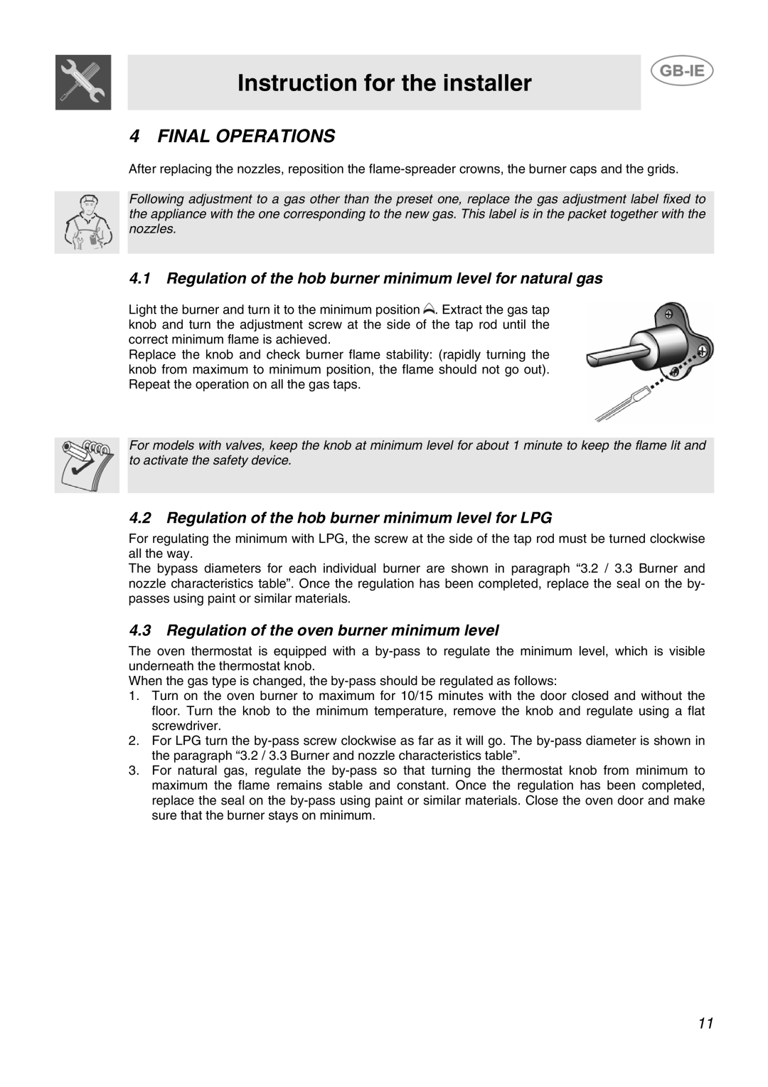 Smeg SCB80GX, SCB80MFX5 manual Final Operations, Regulation of the hob burner minimum level for natural gas 