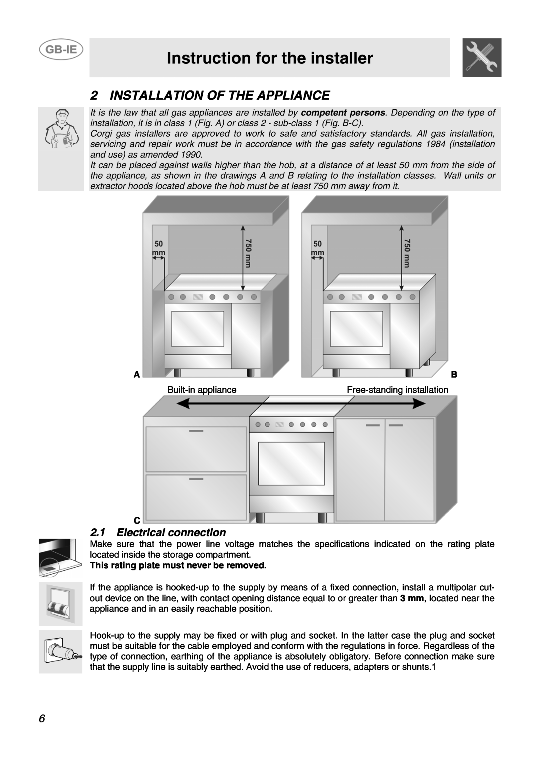 Smeg SCB80MFX5, SCB80GX manual Instruction for the installer, Installation Of The Appliance, 2.1Electrical connection 