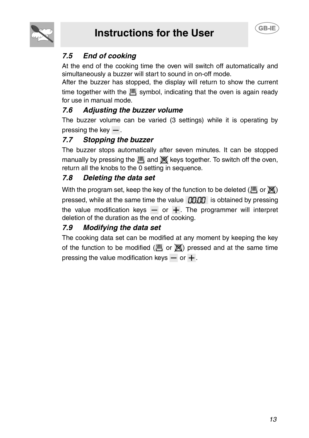 Smeg SCDK380X, SCDK398X manual End of cooking, Adjusting the buzzer volume, Stopping the buzzer, Deleting the data set 