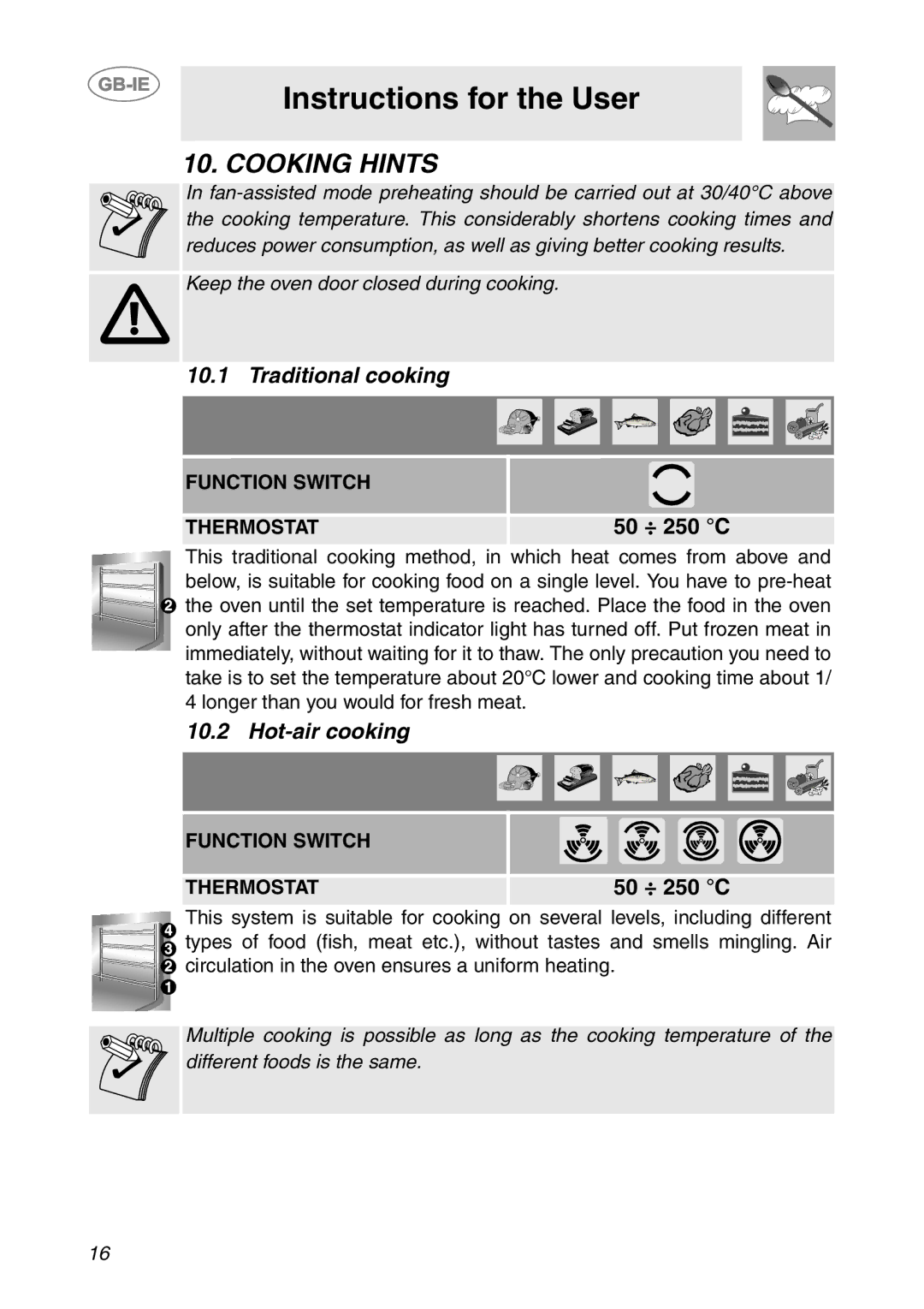 Smeg SCDK398X, SCDK380X manual Cooking Hints, Traditional cooking, Hot-air cooking 