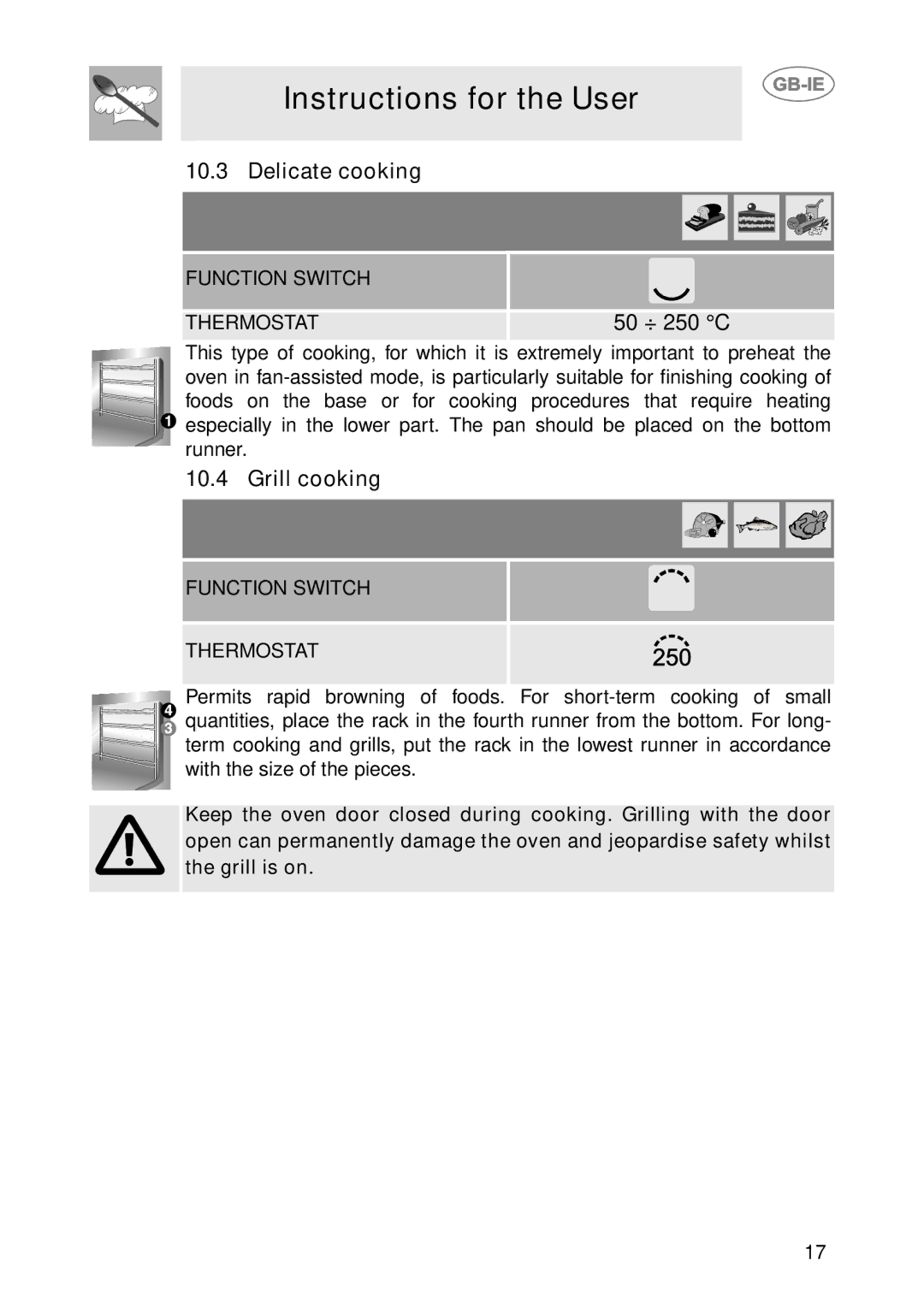 Smeg SCDK380X, SCDK398X manual Delicate cooking, Grill cooking 