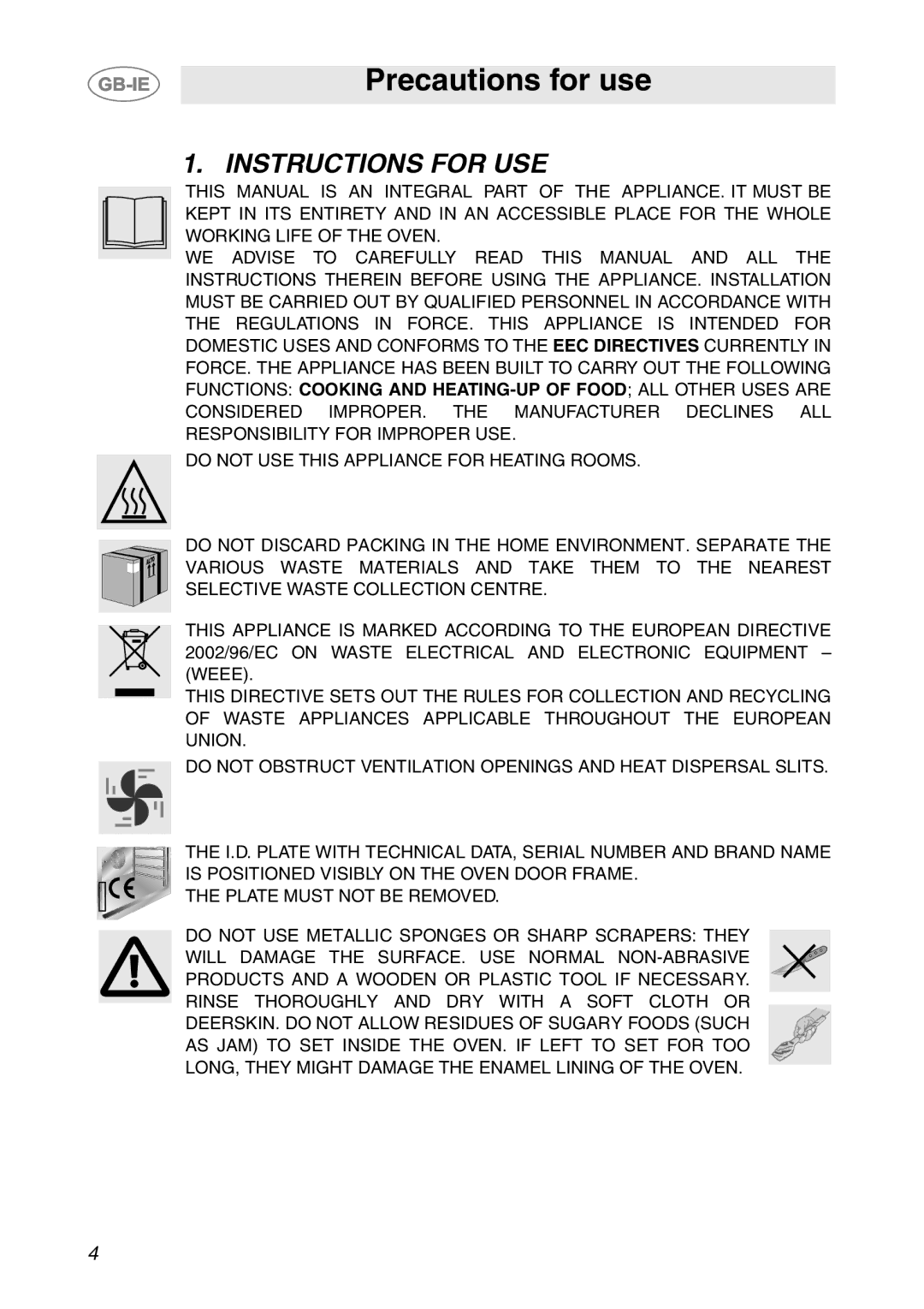 Smeg SCDK398X, SCDK380X manual Precautions for use, Instructions for USE 