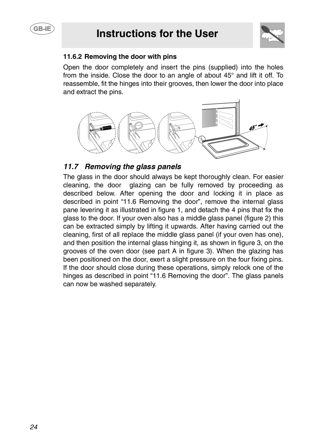 Smeg SCDK398X, SCDK380X manual Removing the glass panels, Removing the door with pins 