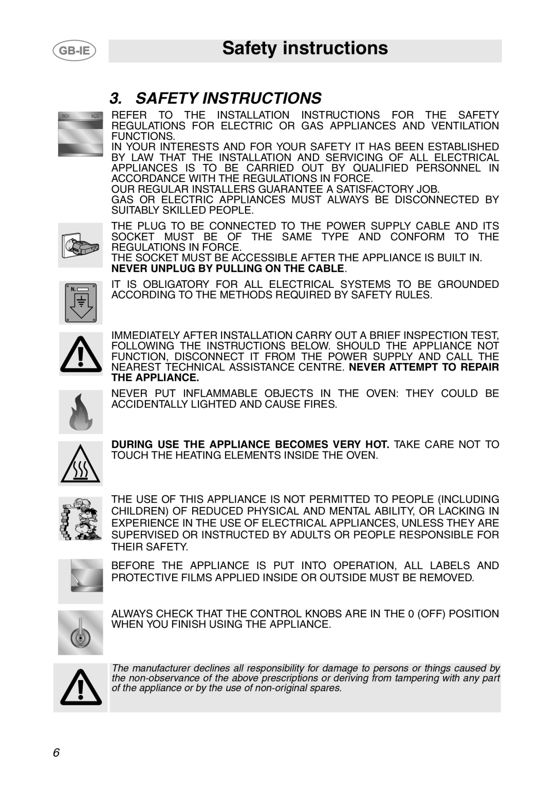 Smeg SCDK398X, SCDK380X manual Safety instructions, Safety Instructions 