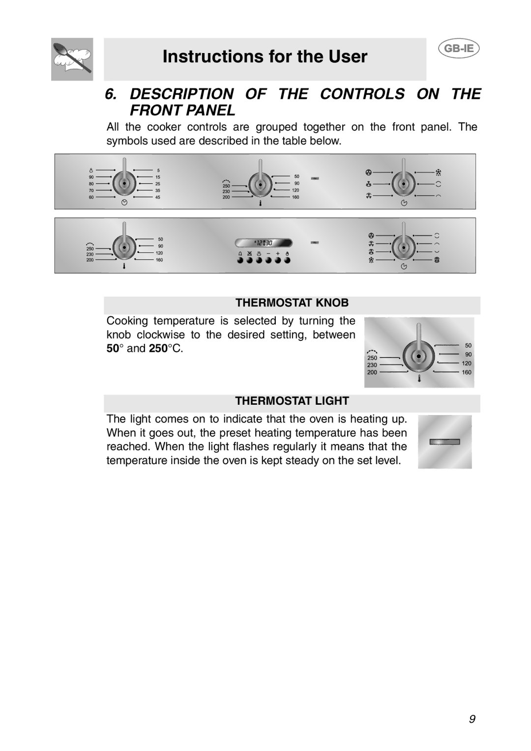 Smeg SCDK380X, SCDK398X manual Description of the Controls on the Front Panel, Thermostat Knob 