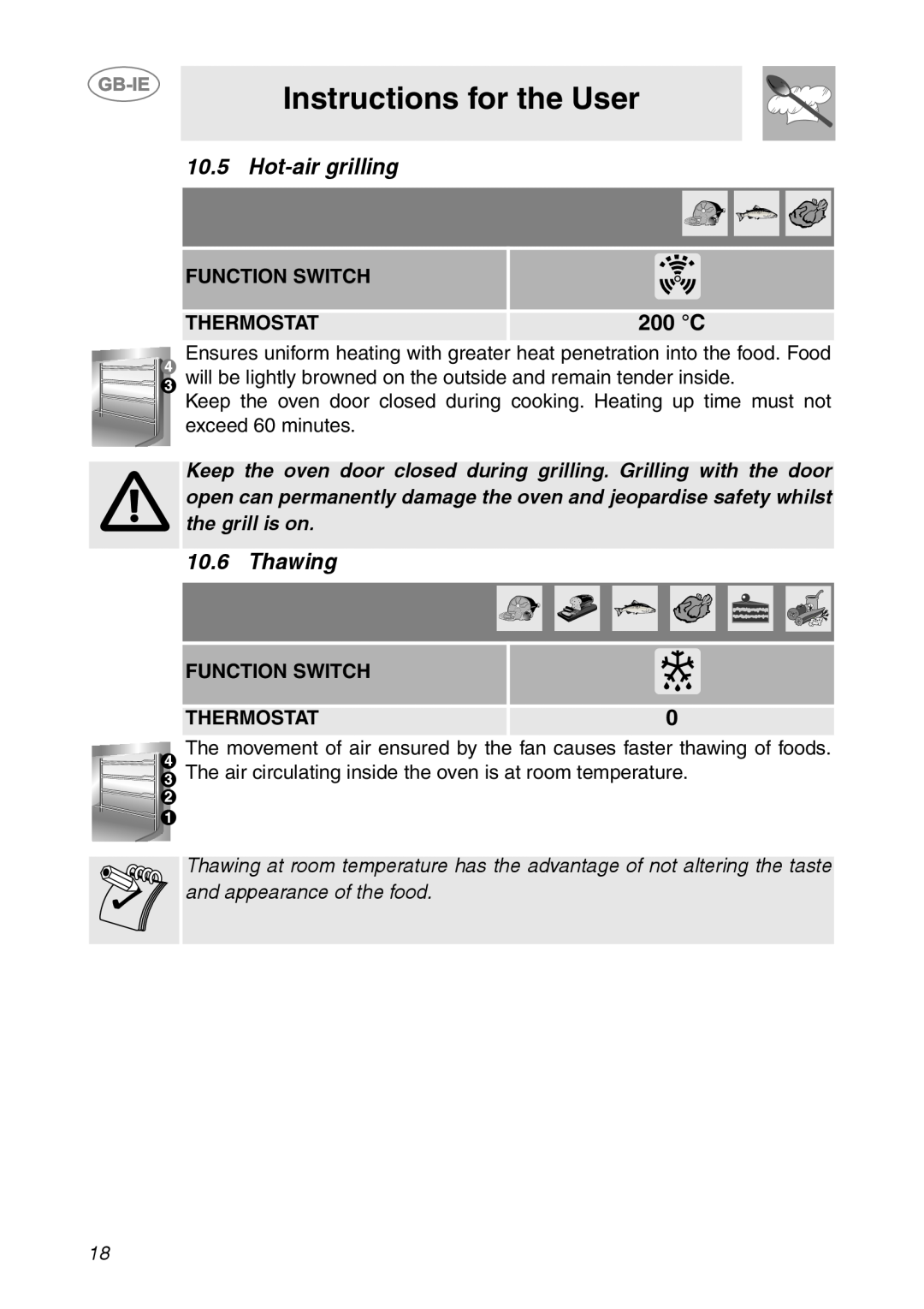 Smeg SCDK398X, SCDK380X manual Instructions for the User, Hot-airgrilling, 200 C, Thawing, Function Switch, Thermostat 