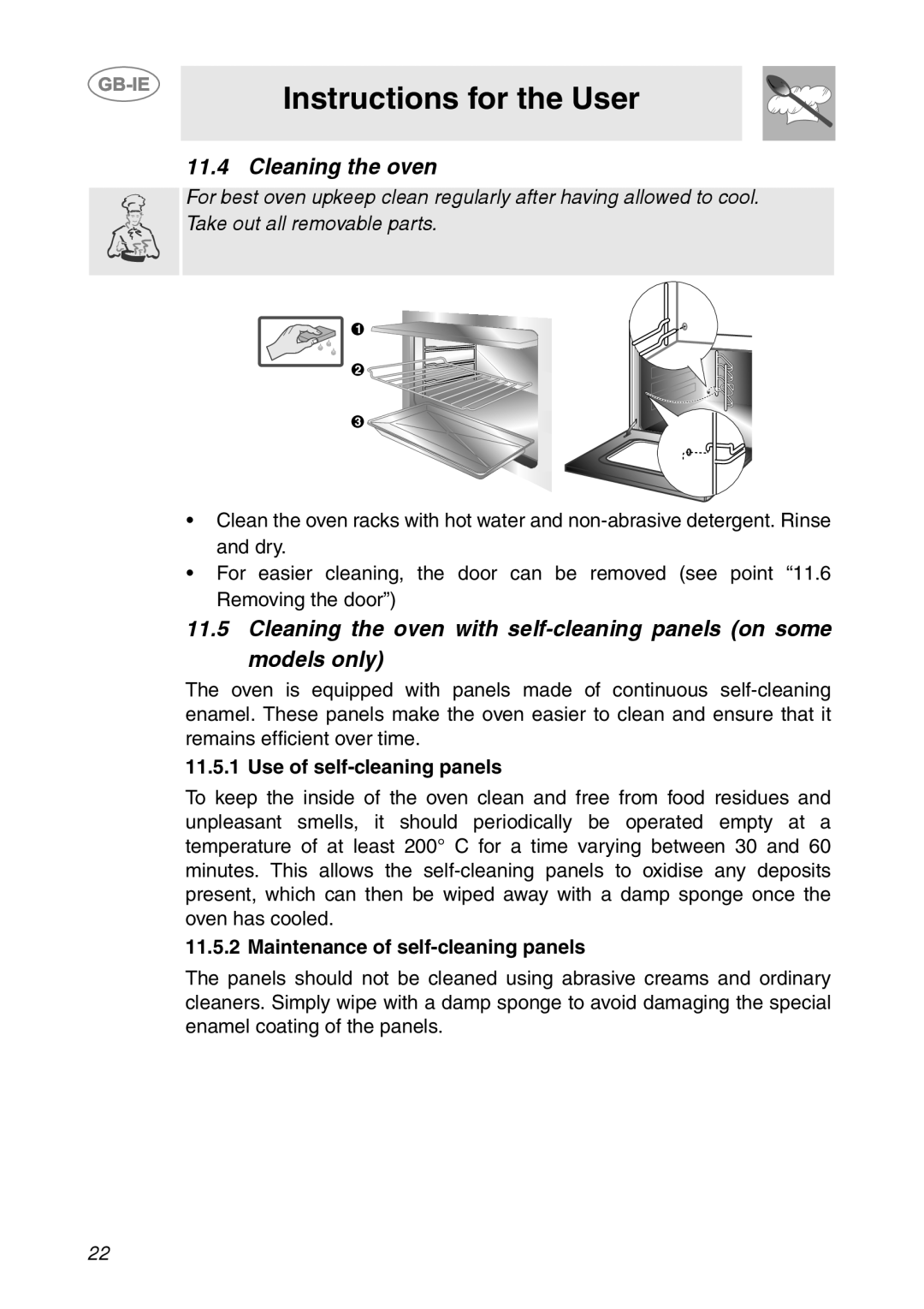 Smeg SCDK398X Instructions for the User, Cleaning the oven, Use of self-cleaningpanels, Maintenance of self-cleaningpanels 
