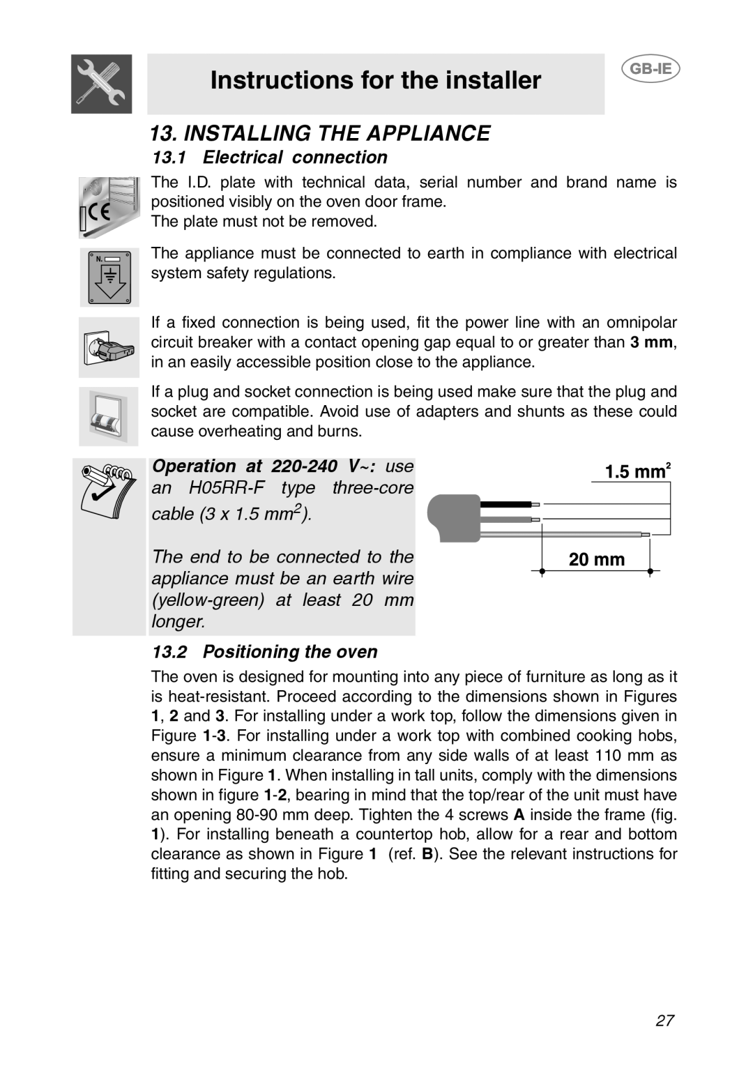 Smeg SCDK380X manual Instructions for the installer, Installing The Appliance, 13.1Electrical connection, cable 3 x 1.5 mm2 