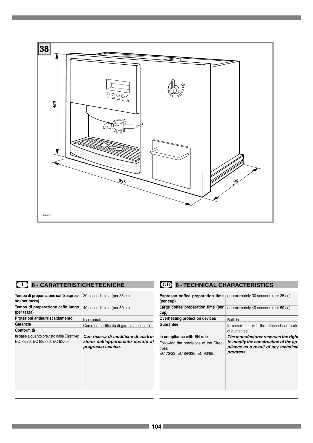 Smeg SCM1 manual I 8 - CARATTERISTICHE TECNICHE, GB 8 - TECHNICAL CHARACTERISTICS, Tempo di preparazione caffè lungo 