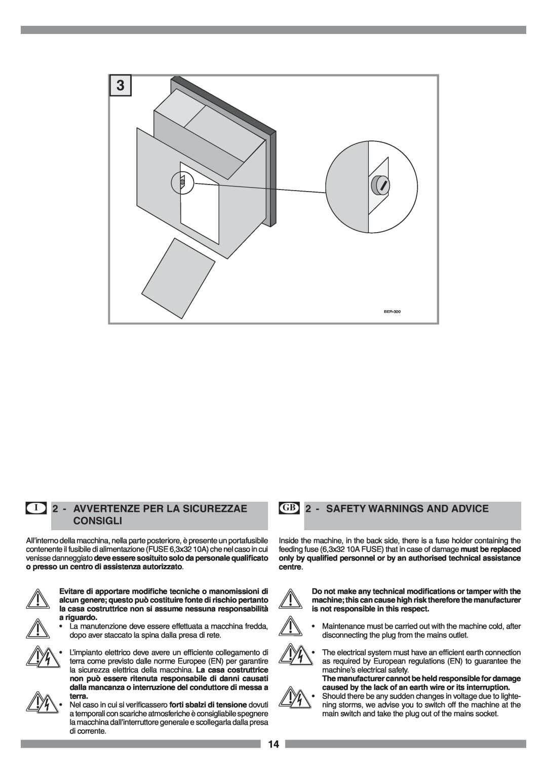 Smeg SCM1 manual I 2 - AVVERTENZE PER LA SICUREZZAE, Consigli, GB 2 - SAFETY WARNINGS AND ADVICE, BER-300 