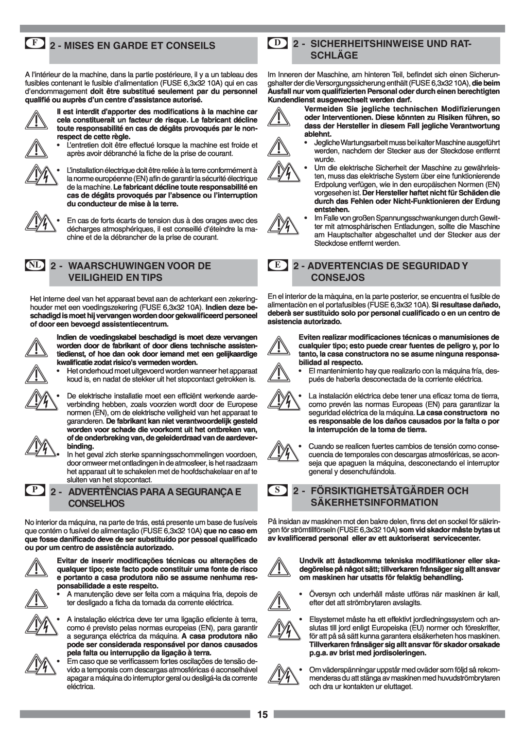 Smeg SCM1 D 2 - SICHERHEITSHINWEISE UND RAT, Schläge, NL 2 - WAARSCHUWINGEN VOOR DE, E 2 - ADVERTENCIAS DE SEGURIDAD Y 