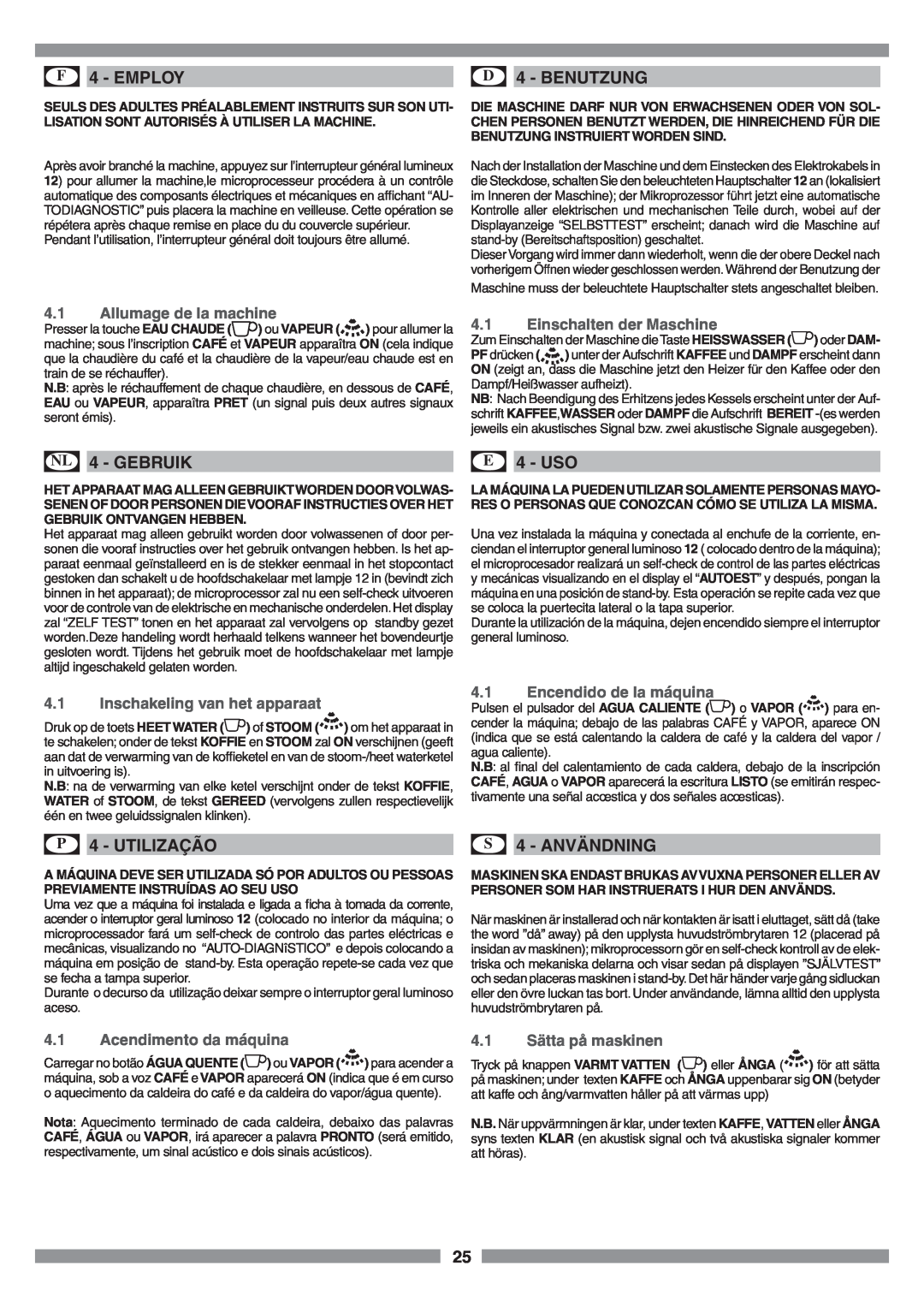 Smeg SCM1 manual F 4 - EMPLOY, D 4 - BENUTZUNG, NL 4 - GEBRUIK, E 4 - USO, P 4 - UTILIZAÇÃO, S 4 - ANVÄNDNING 