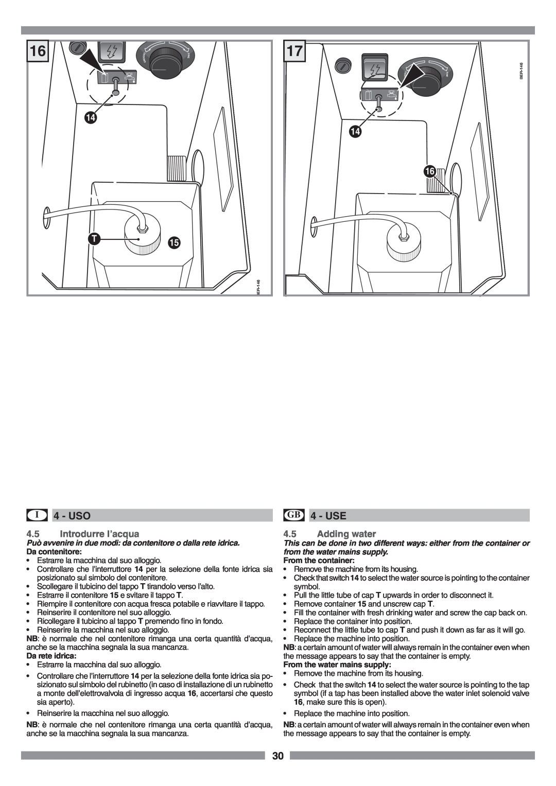 Smeg SCM1 manual Introdurre l’acqua, Adding water, I 4 - USO, GB 4 - USE 