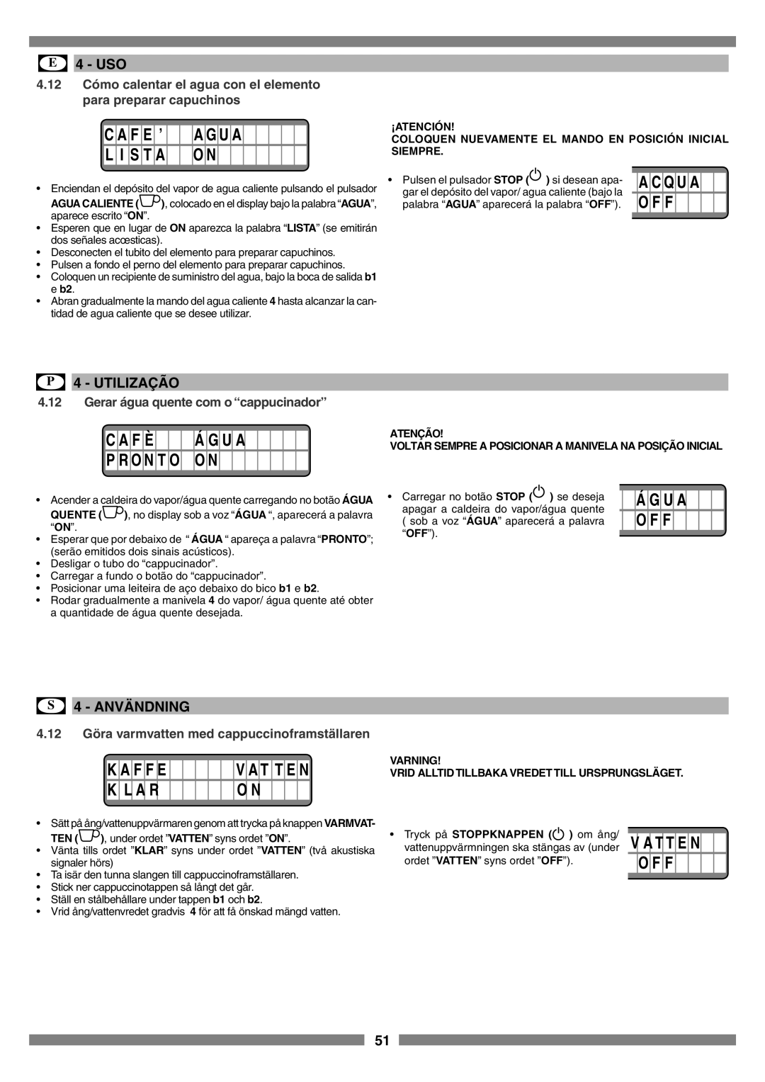 Smeg SCM1 manual C A F E ’ A G U A L I S T Ao N, C A F È, K A F F E V A T T E N K L A R O N, Á G U A, O F F, P R O N T Oo N 