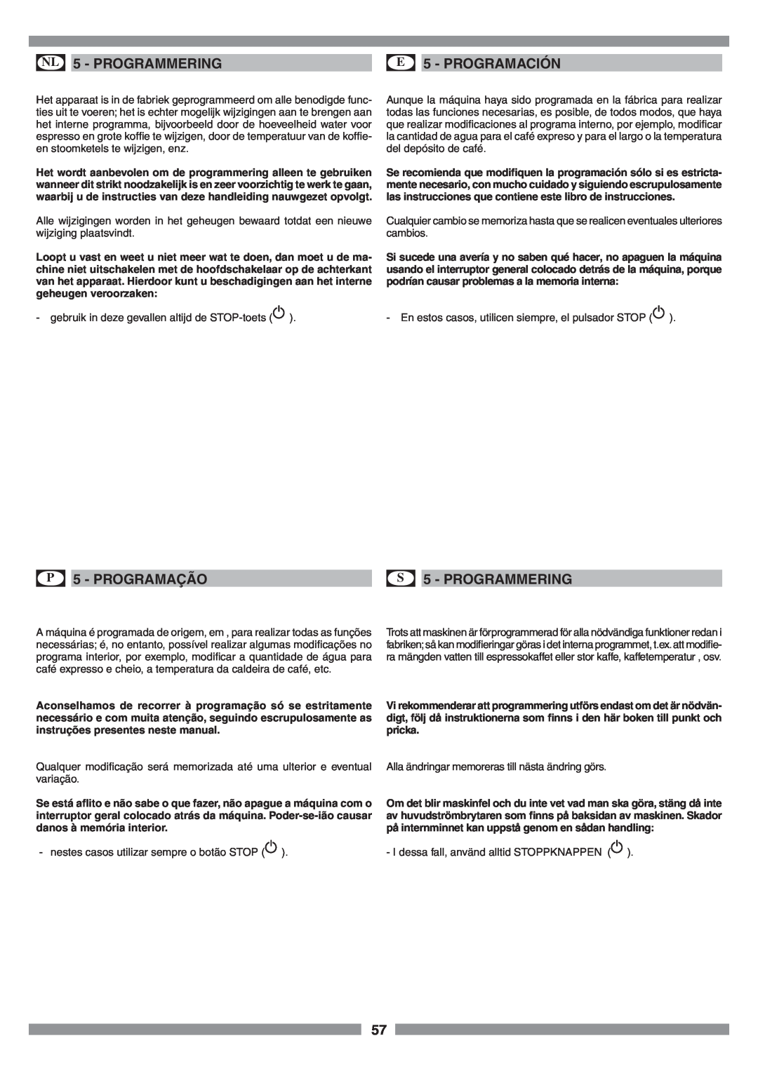 Smeg SCM1 manual NL 5 - PROGRAMMERING, E 5 - PROGRAMACIÓN, P 5 - PROGRAMAÇÃO, S 5 - PROGRAMMERING 