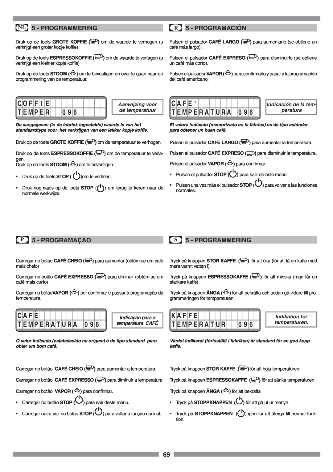 Smeg SCM1 C O F F I E, T E M P E R A T U R A 0 9, C A F È, K A F F E, C A F E ’, NL 5 - PROGRAMMERING, E 5 - PROGRAMACIÓN 