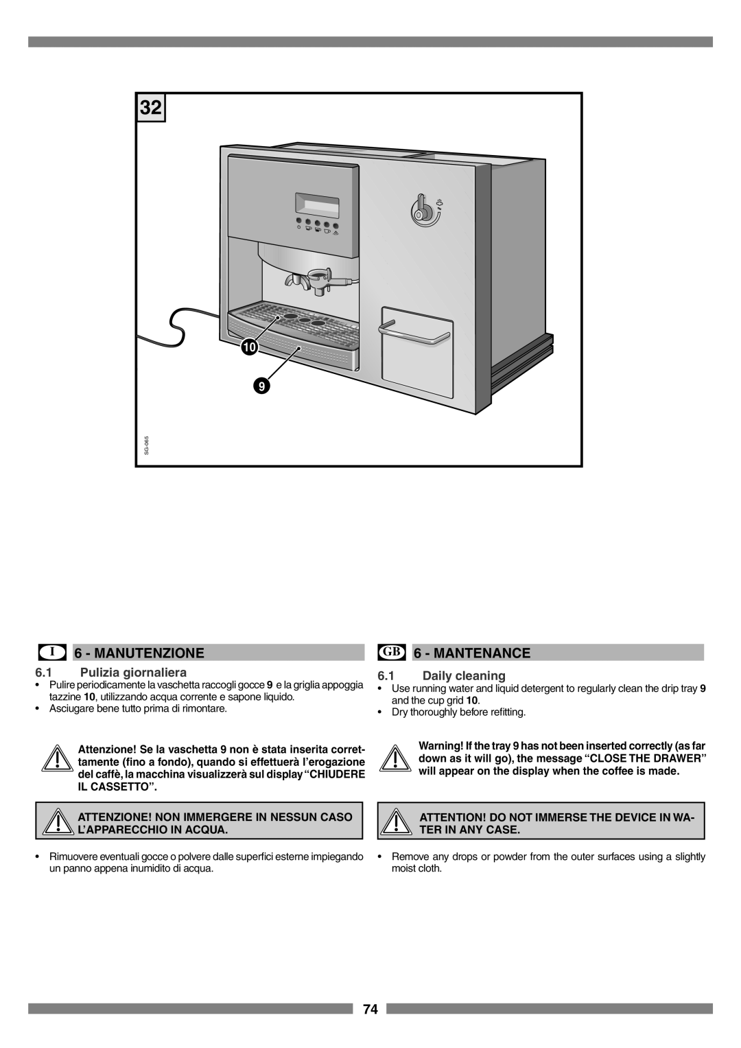 Smeg SCM1 manual I 6 - MANUTENZIONE, GB 6 - MANTENANCE, Pulizia giornaliera, Daily cleaning 
