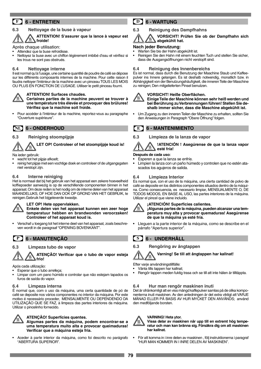 Smeg SCM1 Nettoyage de la buse à vapeur, Reinigung des Dampfhahns, Nach jeder Benutzung, Nettoyage interne, D 6 - WARTUNG 