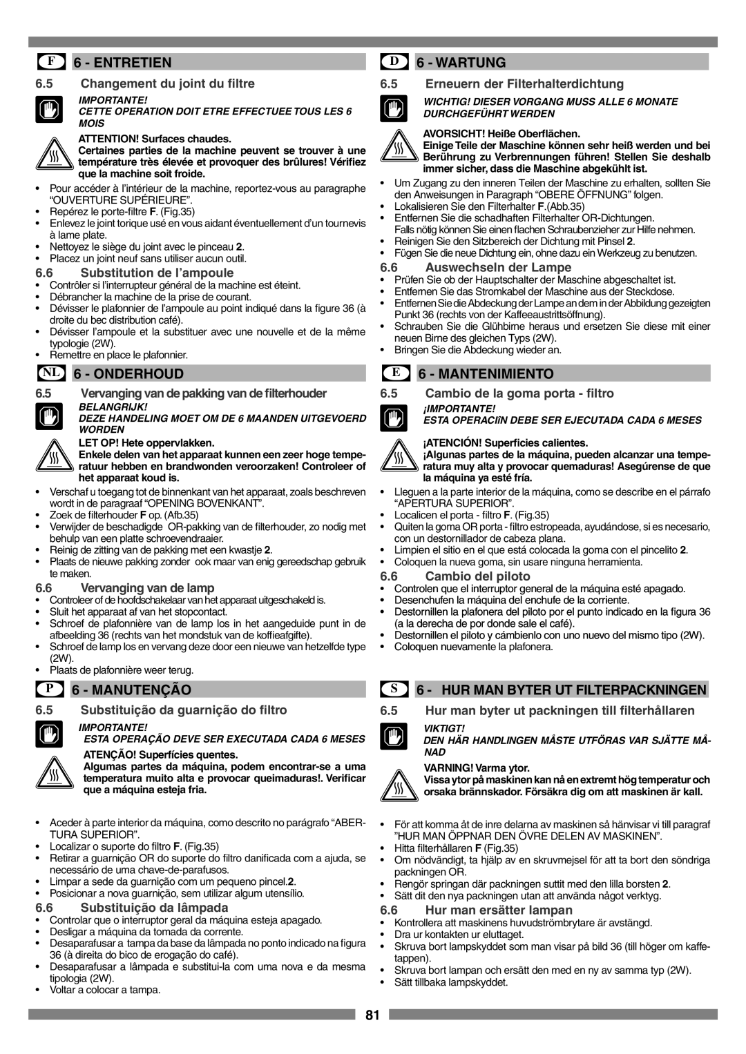 Smeg SCM1 S 6 - HUR MAN BYTER UT FILTERPACKNINGEN, Changement du joint du ﬁltre, Substitution de l’ampoule, D 6 - WARTUNG 