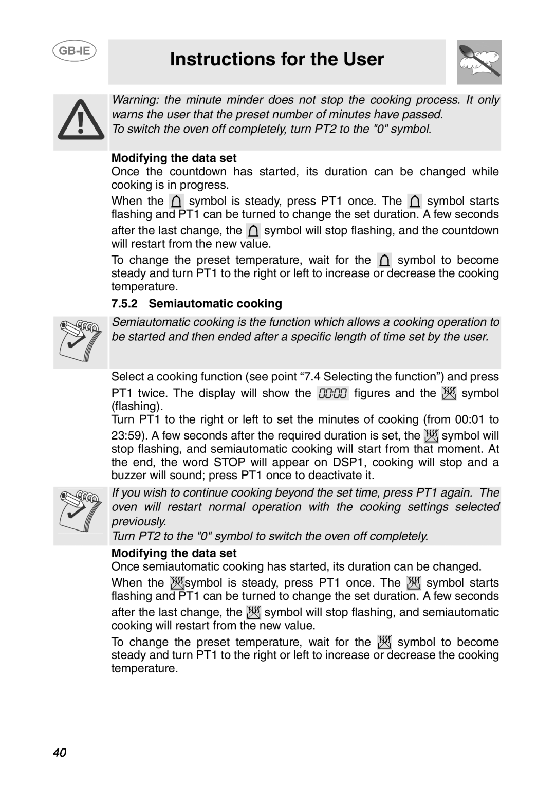 Smeg SCP107AL, SCP108SG manual Instructions for the User, To switch the oven off completely, turn PT2 to the 0 symbol 