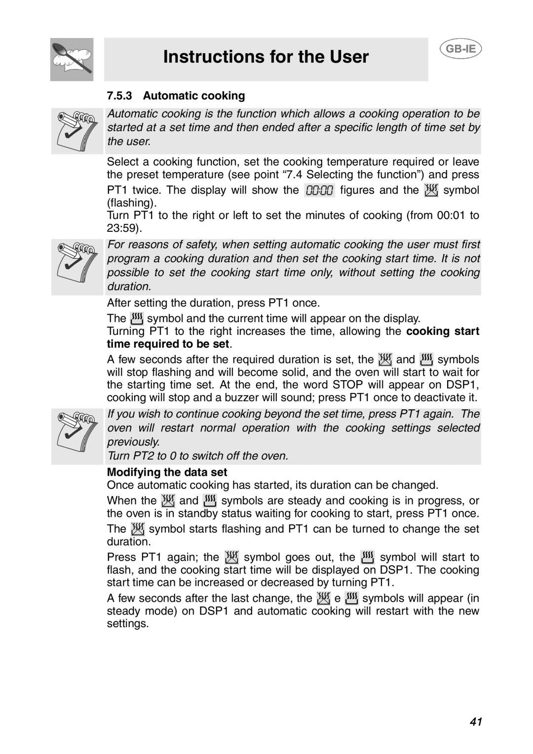 Smeg SCP108SG Instructions for the User, Automatic cooking, Turn PT2 to 0 to switch off the oven, Modifying the data set 