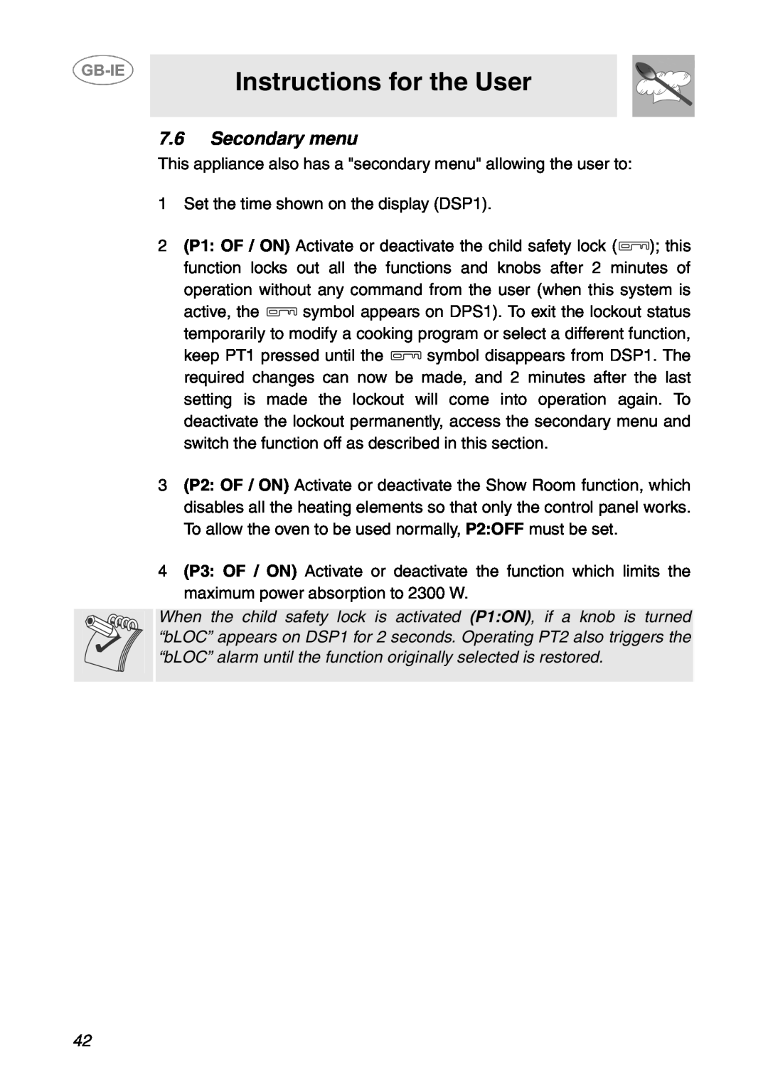 Smeg SCP107AL, SCP108SG manual Instructions for the User, Secondary menu 