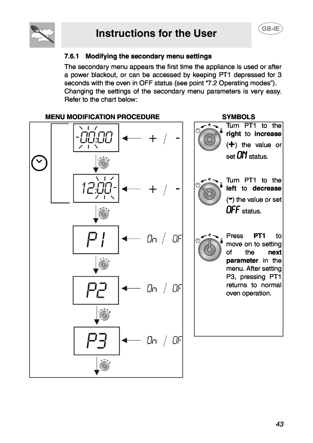 Smeg SCP108SG Instructions for the User, Modifying the secondary menu settings, Menu Modification Procedure, Symbols, Turn 