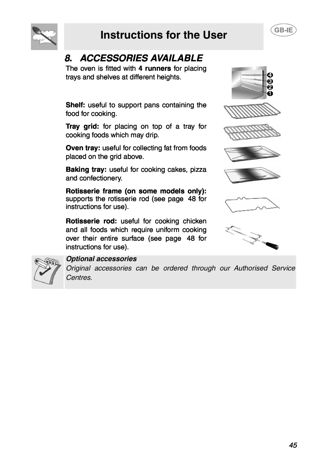 Smeg SCP108SG, SCP107AL manual Accessories Available, Instructions for the User, Optional accessories 