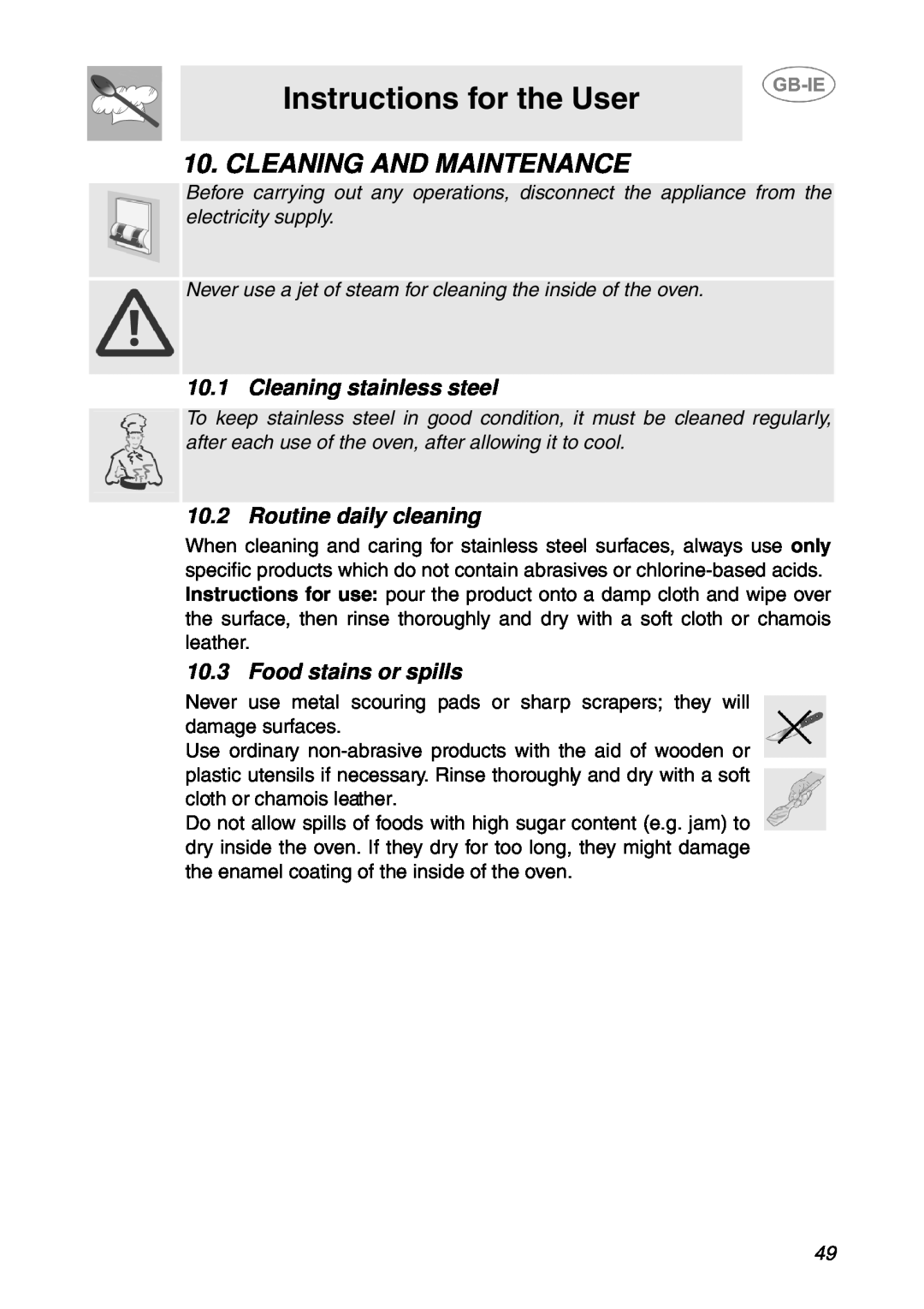 Smeg SCP108SG manual Cleaning And Maintenance, Instructions for the User, Cleaning stainless steel, Routine daily cleaning 