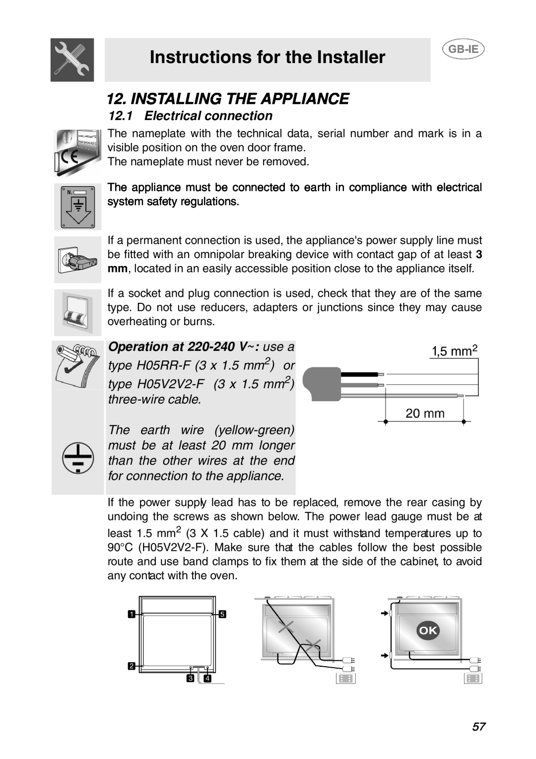Smeg SCP108SG Instructions for the Installer, Installing The Appliance, Electrical connection, type H05RR-F 3 x 1.5 mm2 or 