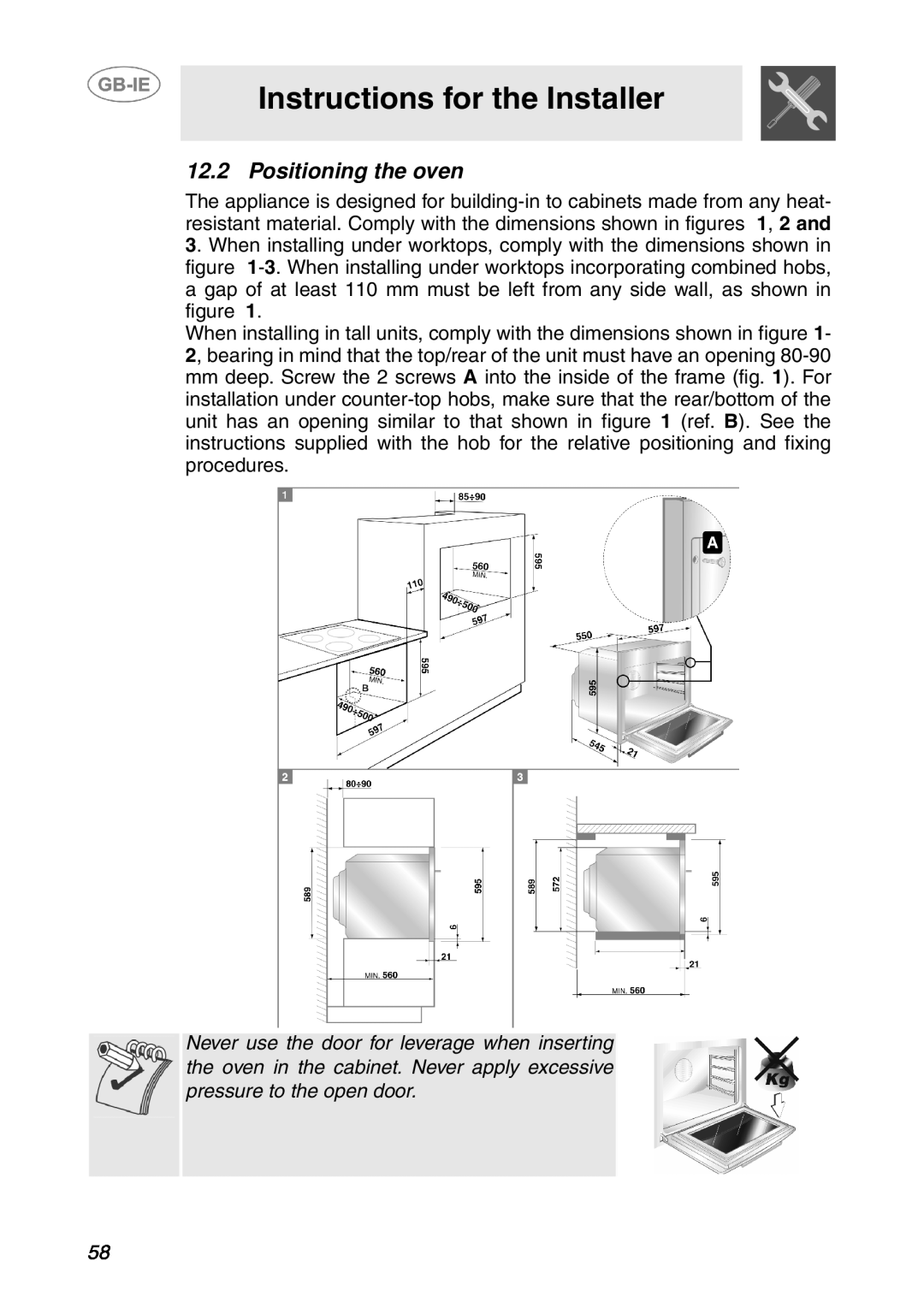 Smeg SCP107AL, SCP108SG manual Instructions for the Installer, Positioning the oven 