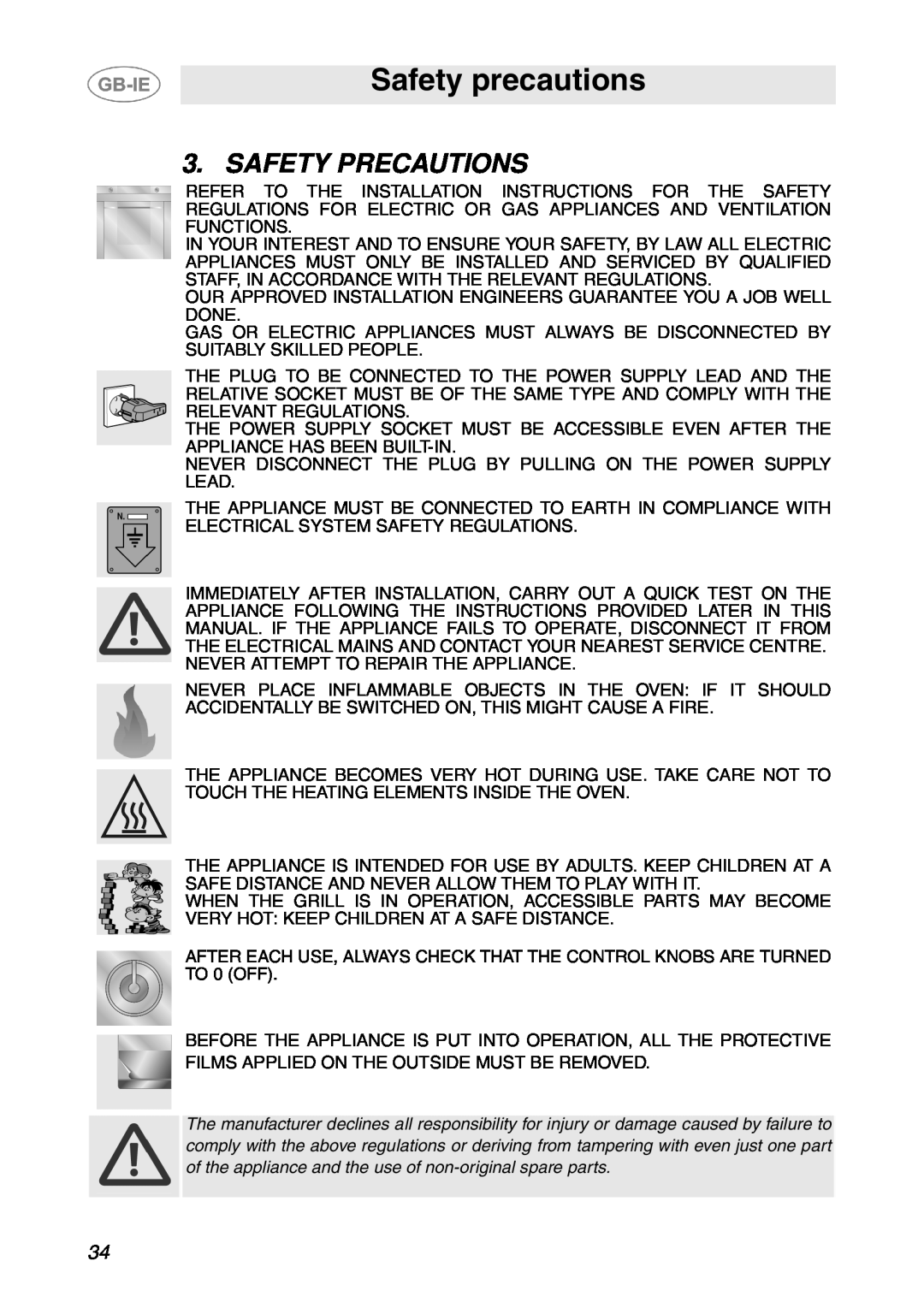 Smeg SCP107AL, SCP108SG manual Safety precautions, Safety Precautions 