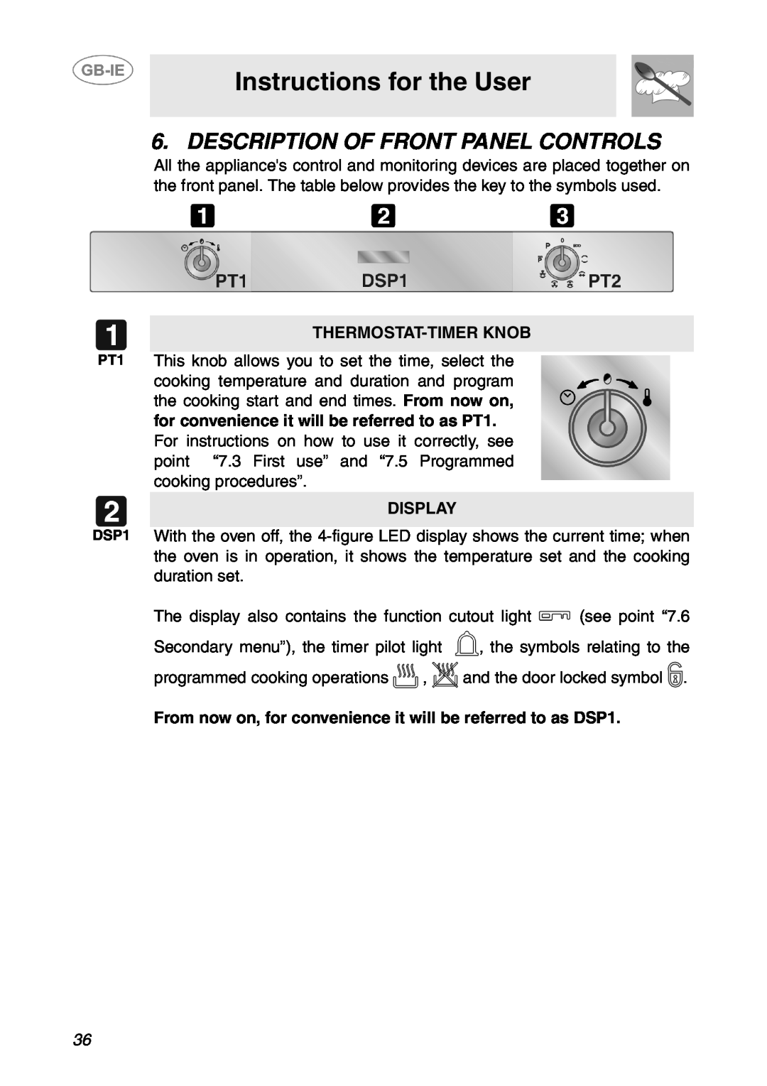 Smeg SCP107AL, SCP108SG Description Of Front Panel Controls, Instructions for the User, Thermostat-Timer Knob, Display 