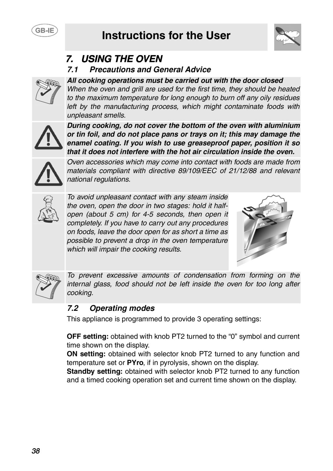 Smeg SCP107AL, SCP108SG manual Using The Oven, Instructions for the User, Precautions and General Advice, Operating modes 