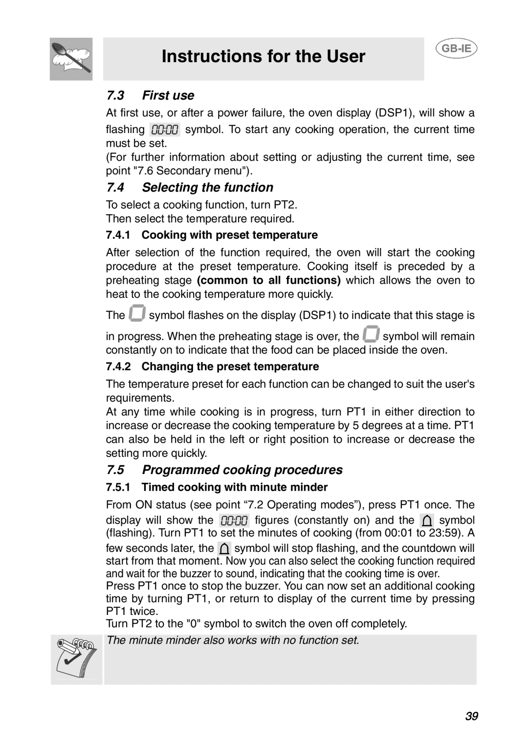 Smeg SCP108SG, SCP107AL manual Instructions for the User, First use, Selecting the function, Programmed cooking procedures 