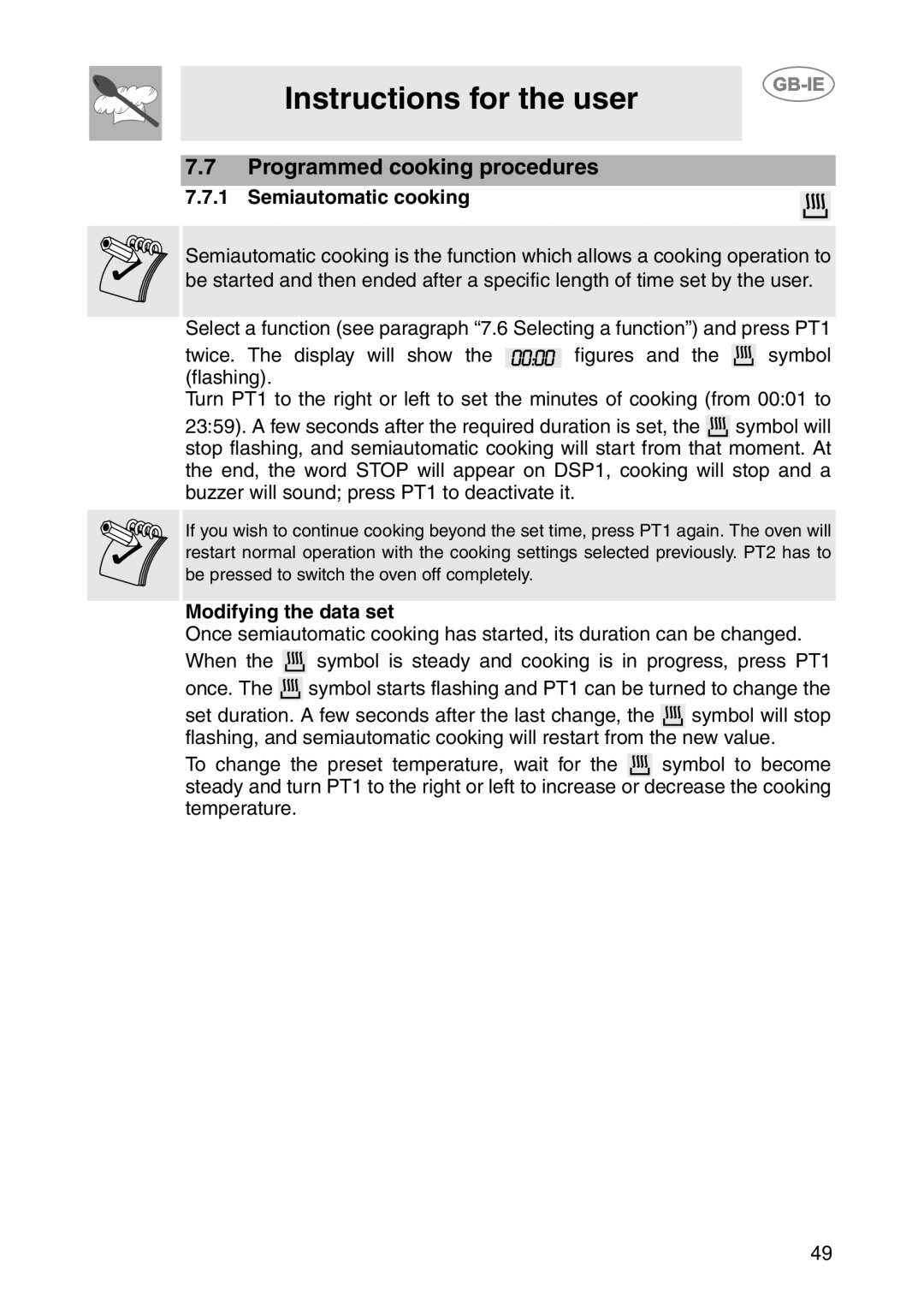 Smeg SCP111-2, SCP111NE2, SCP111EB2 manual Programmed cooking procedures, Semiautomatic cooking 