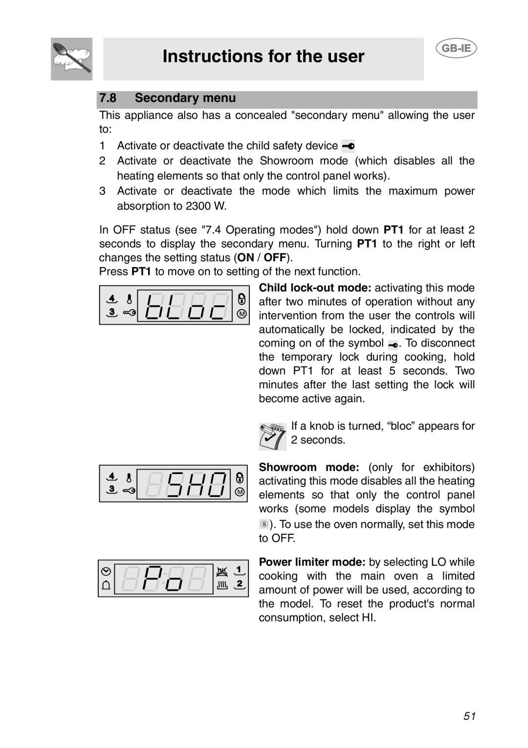 Smeg SCP111EB2, SCP111-2, SCP111NE2 manual Secondary menu 